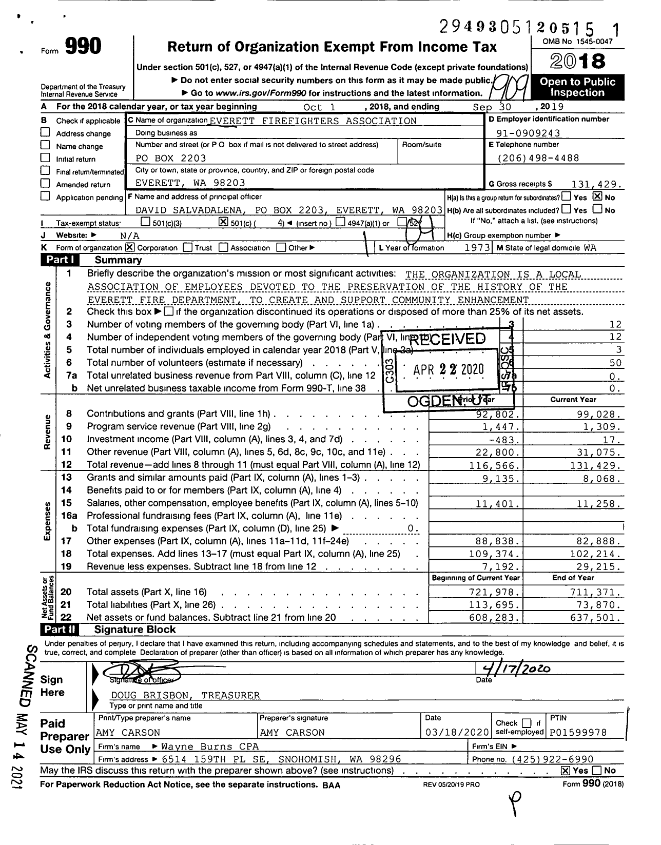 Image of first page of 2018 Form 990O for Everett Firefighters Association
