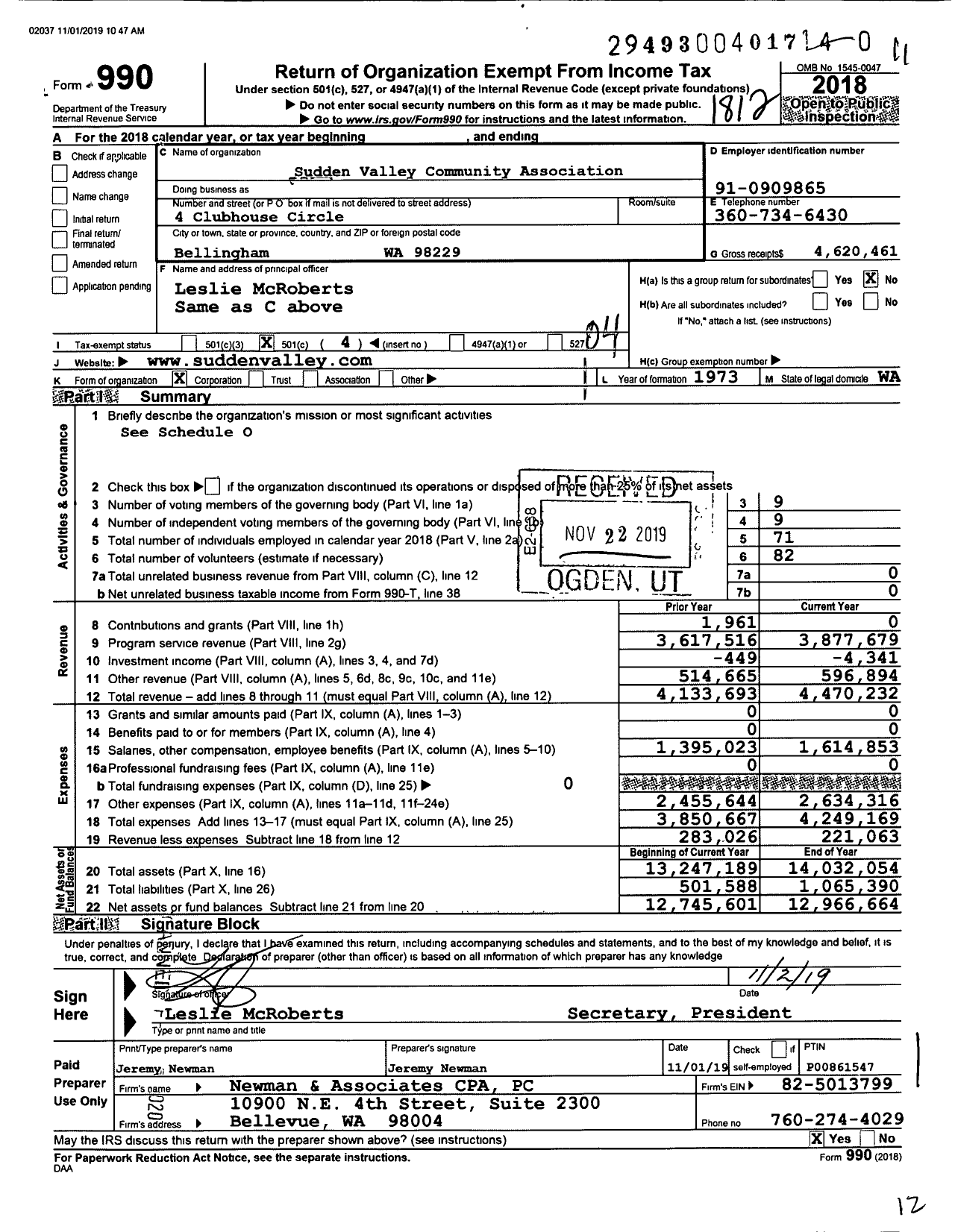 Image of first page of 2018 Form 990O for Sudden Valley Community Association