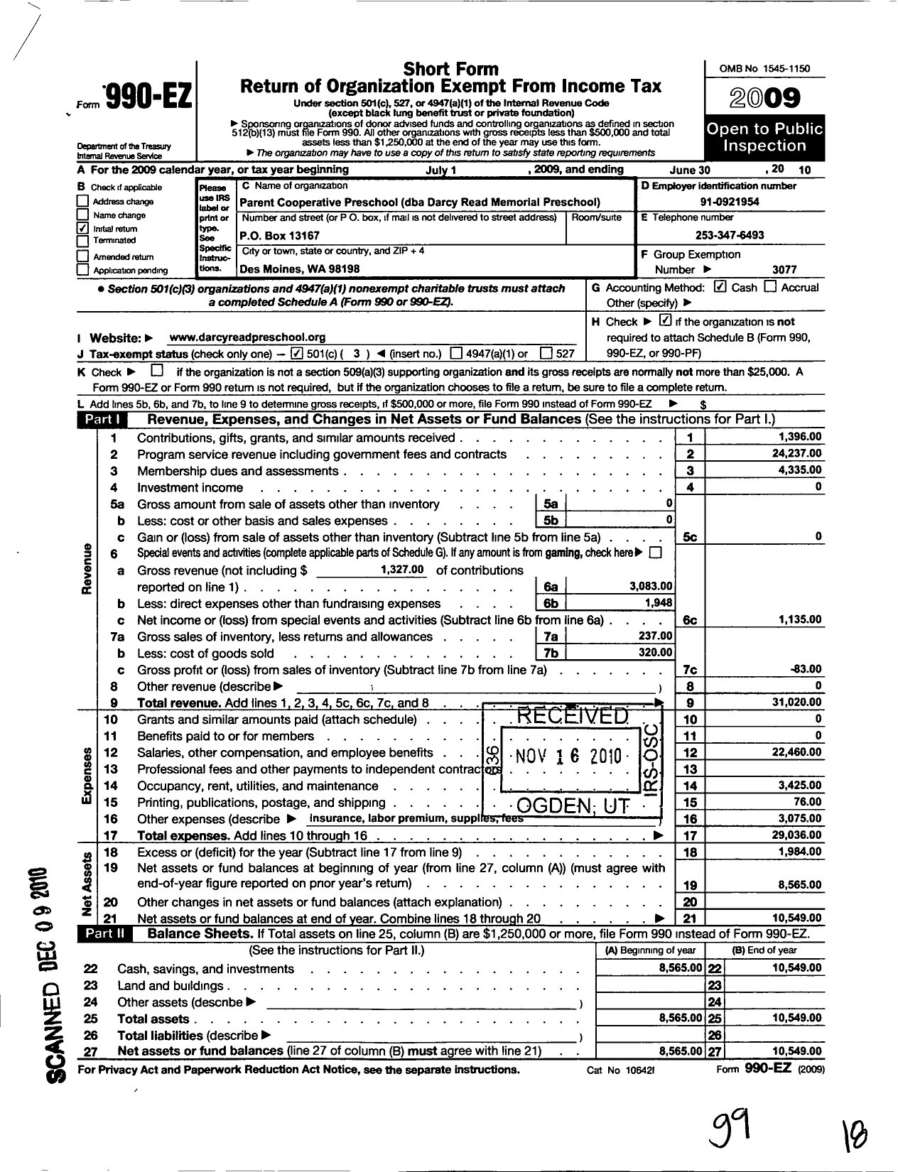 Image of first page of 2009 Form 990EZ for Parent Cooperative Preschool / Darcy Read Memorial Preschool