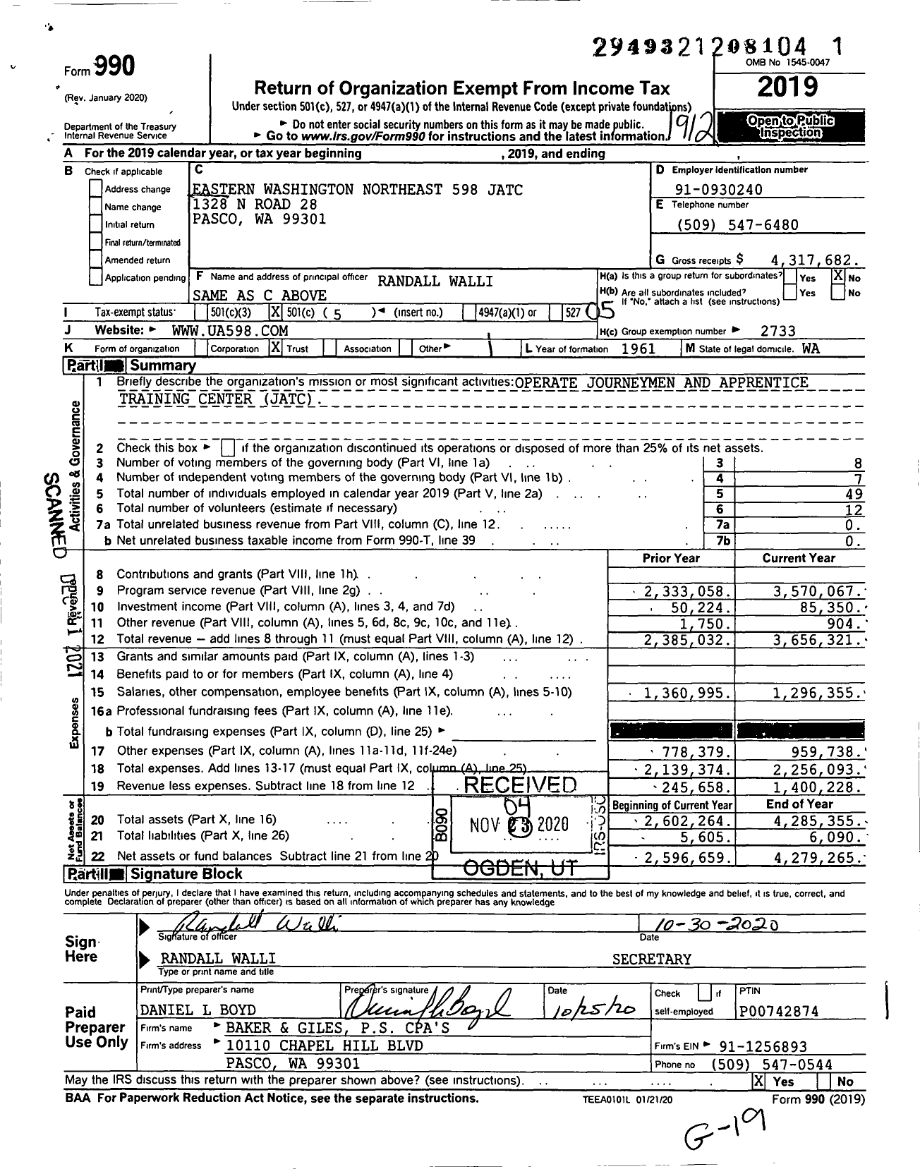 Image of first page of 2019 Form 990O for Eastern Washington Northeast 598 Jatc