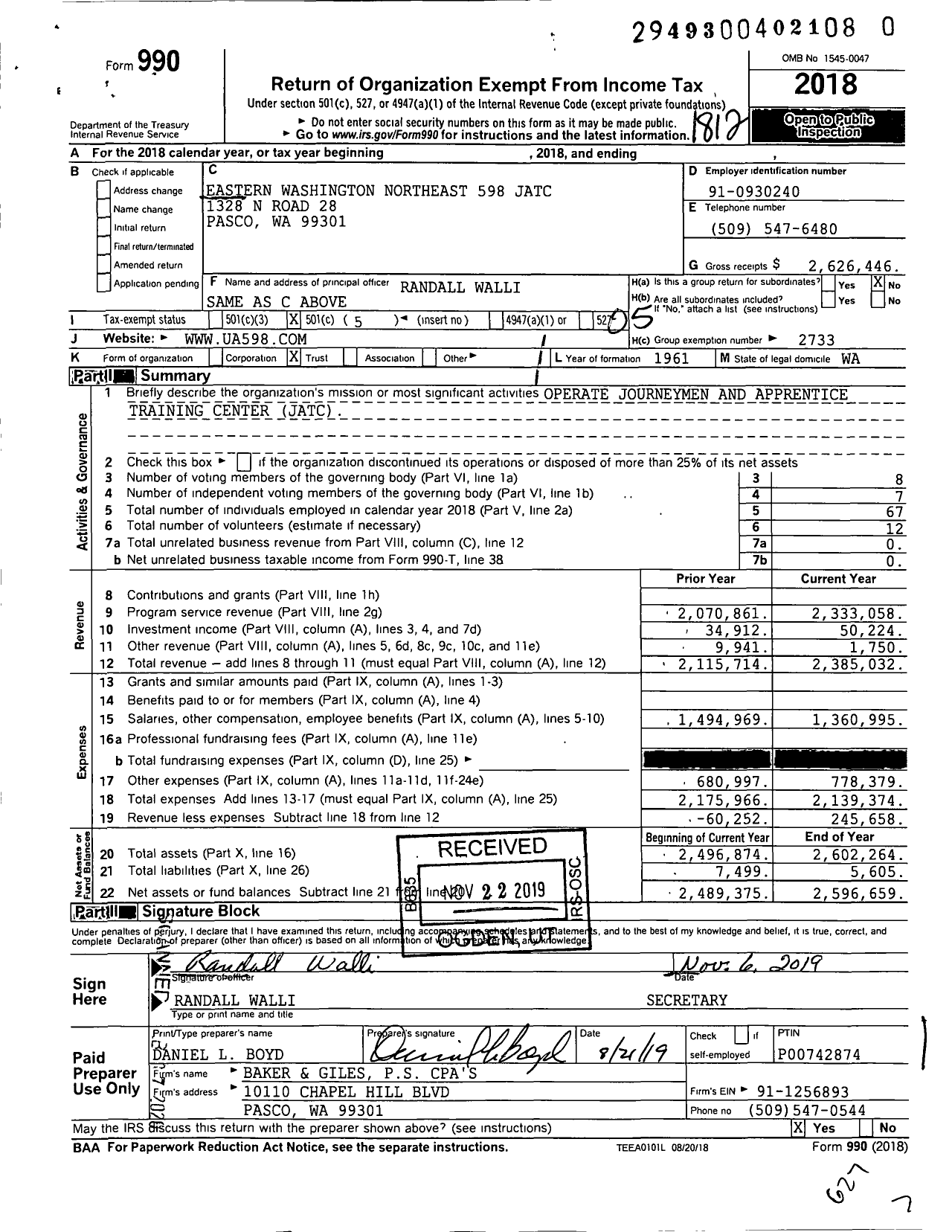 Image of first page of 2018 Form 990O for Eastern Washington Northeast 598 Jatc