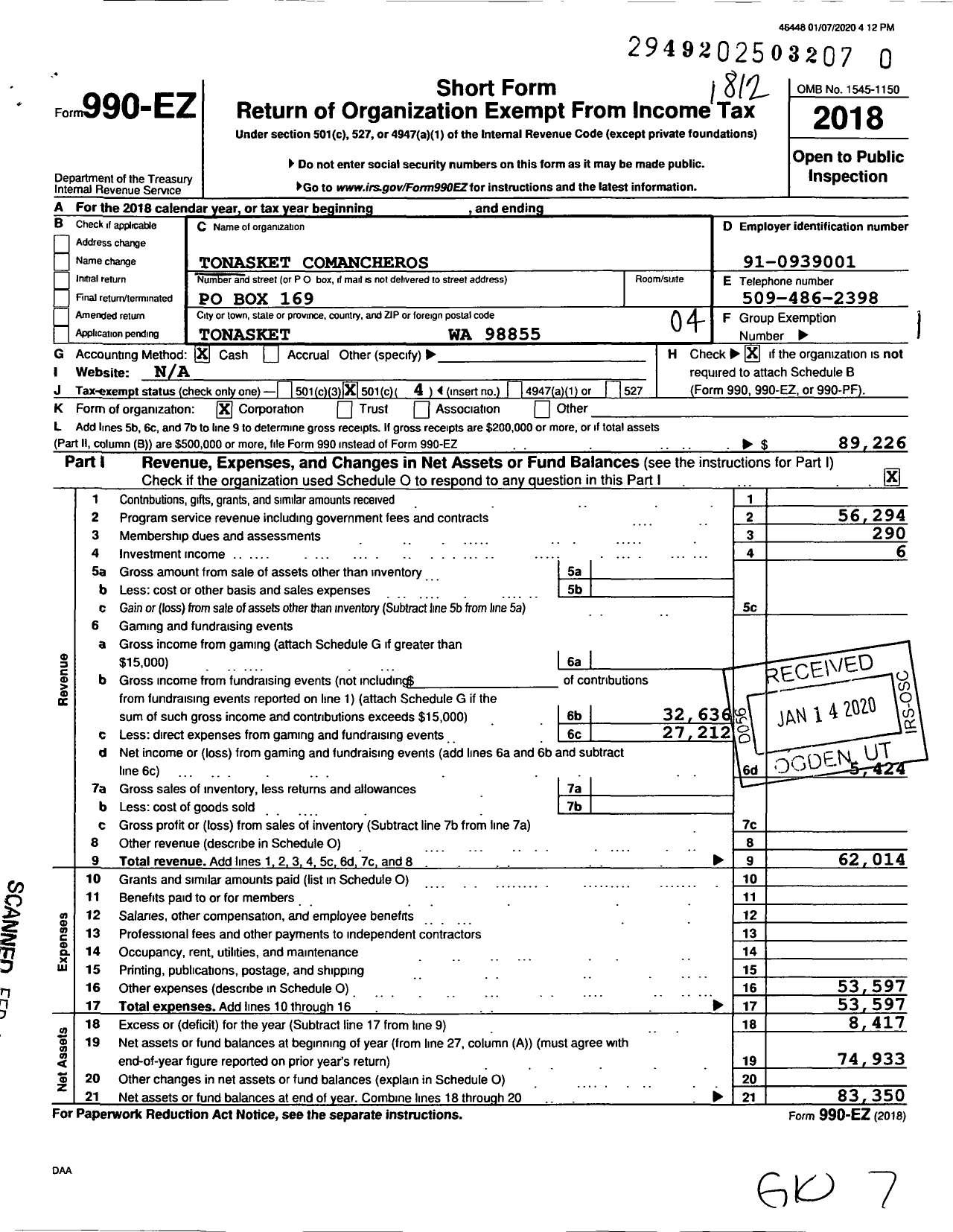 Image of first page of 2018 Form 990EO for Tonasket Comancheros