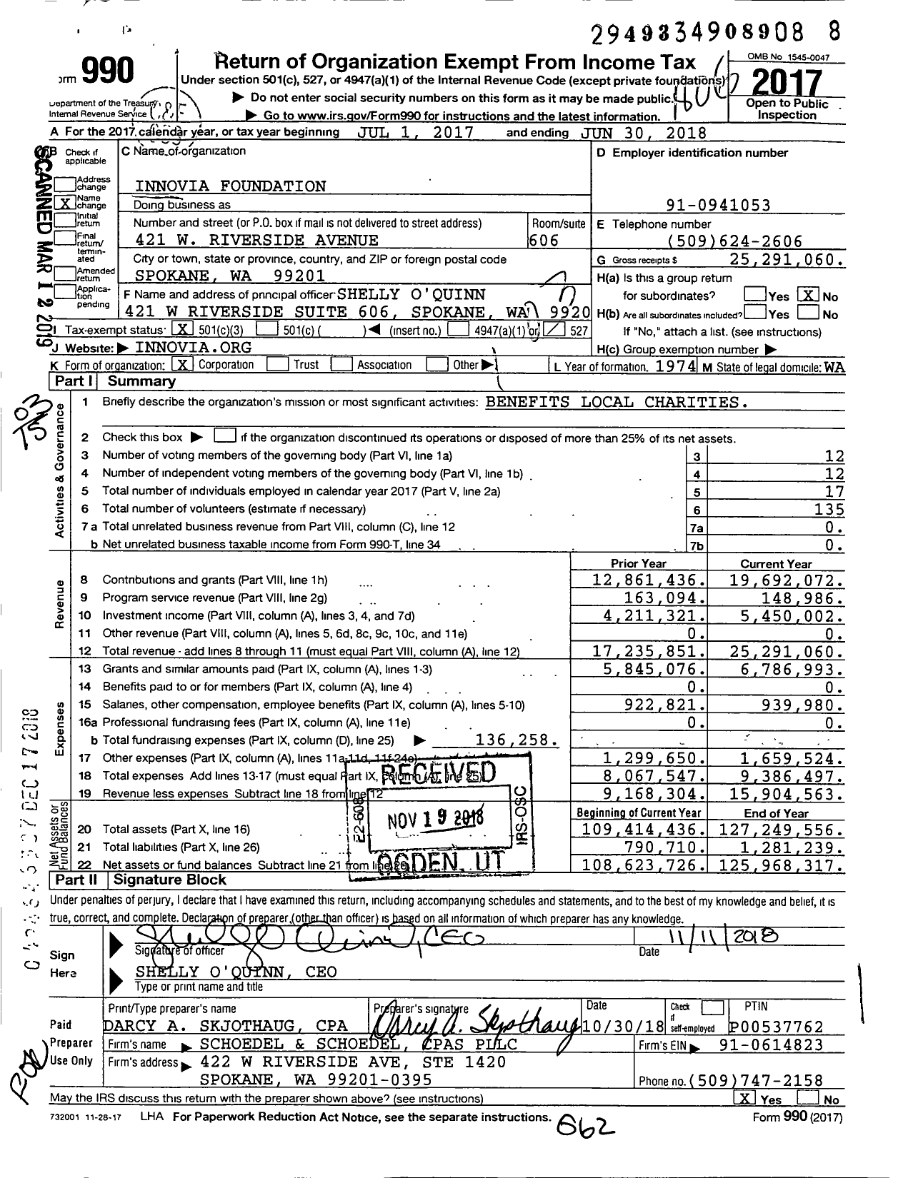 Image of first page of 2017 Form 990 for Innovia Foundation (INWCF)