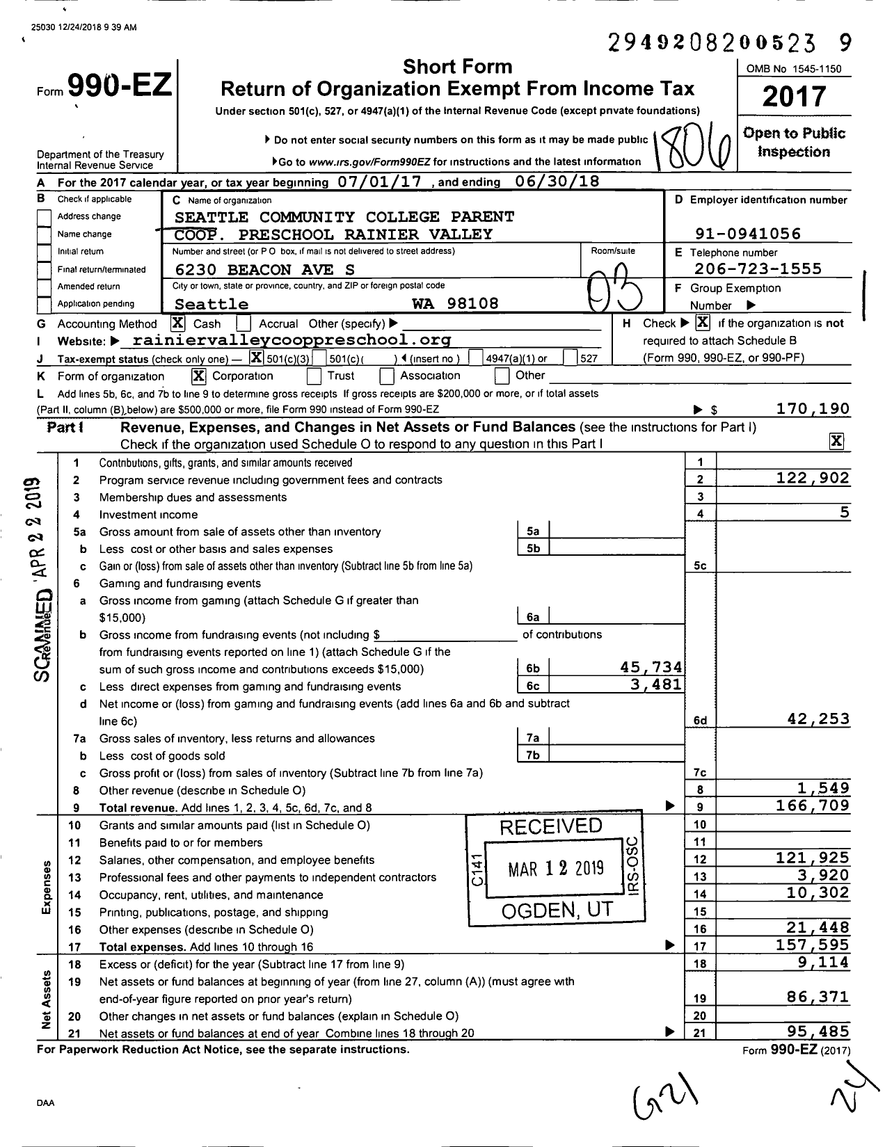Image of first page of 2017 Form 990EZ for Seattle Community College Parent Cooperative