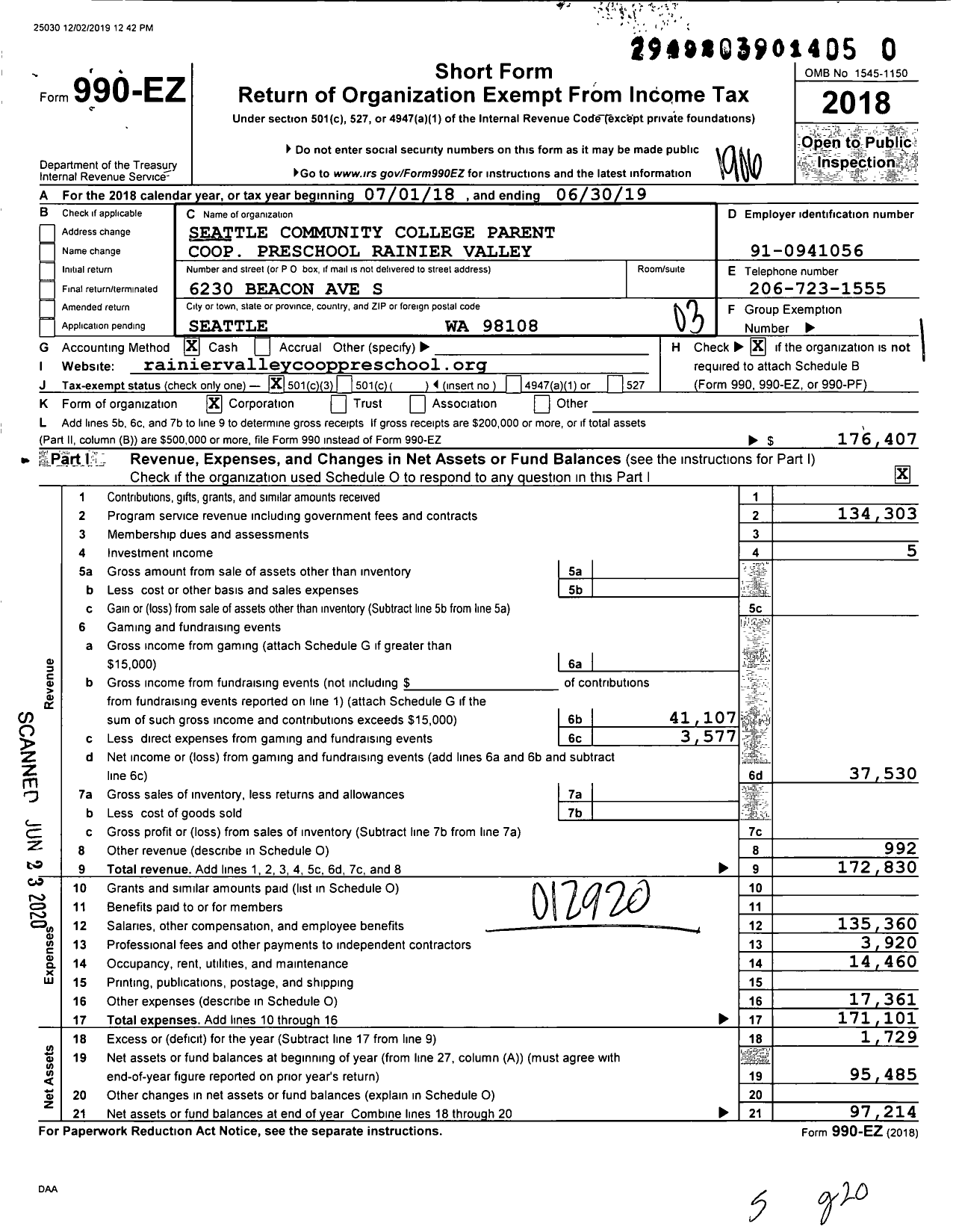 Image of first page of 2018 Form 990EZ for Seattle Community College Parent Cooperative