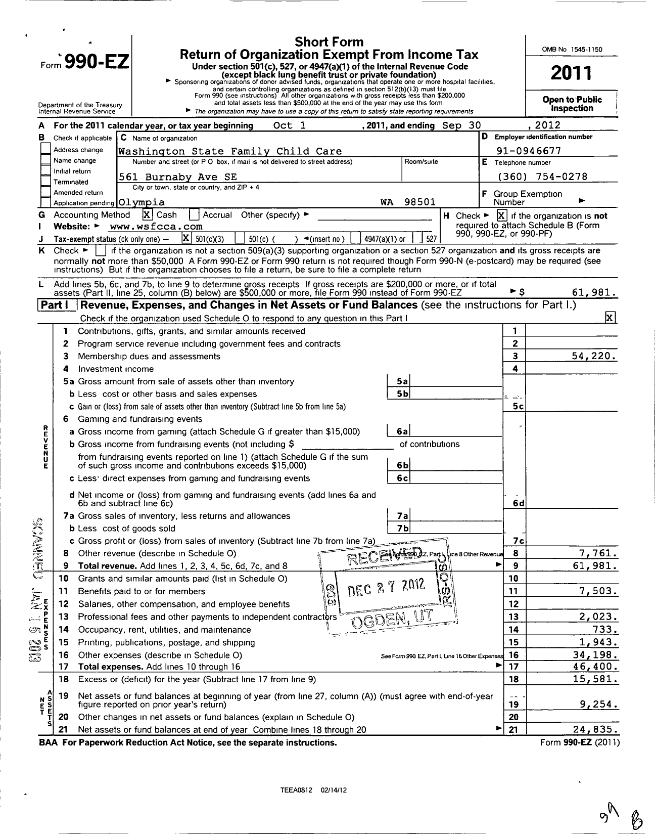 Image of first page of 2011 Form 990EZ for Washington State Family Child Care Association