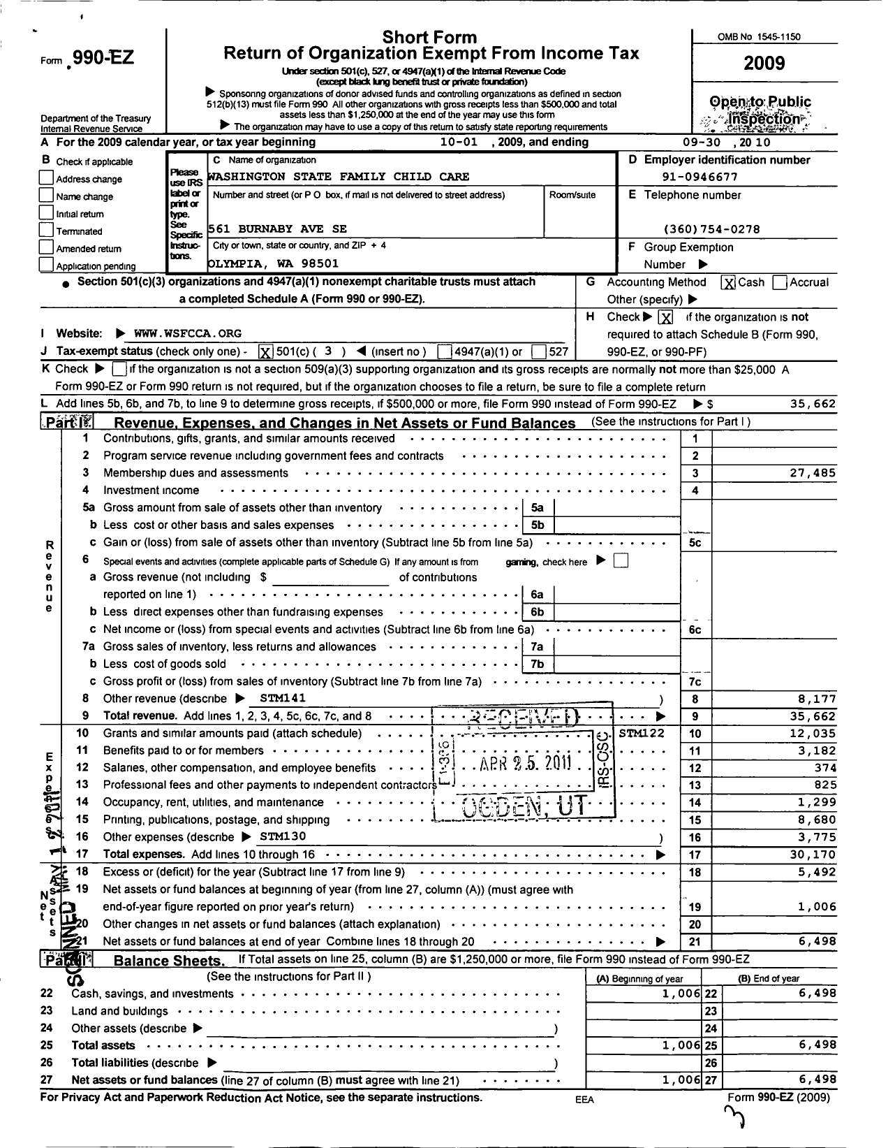 Image of first page of 2009 Form 990EZ for Washington State Family Child Care Association