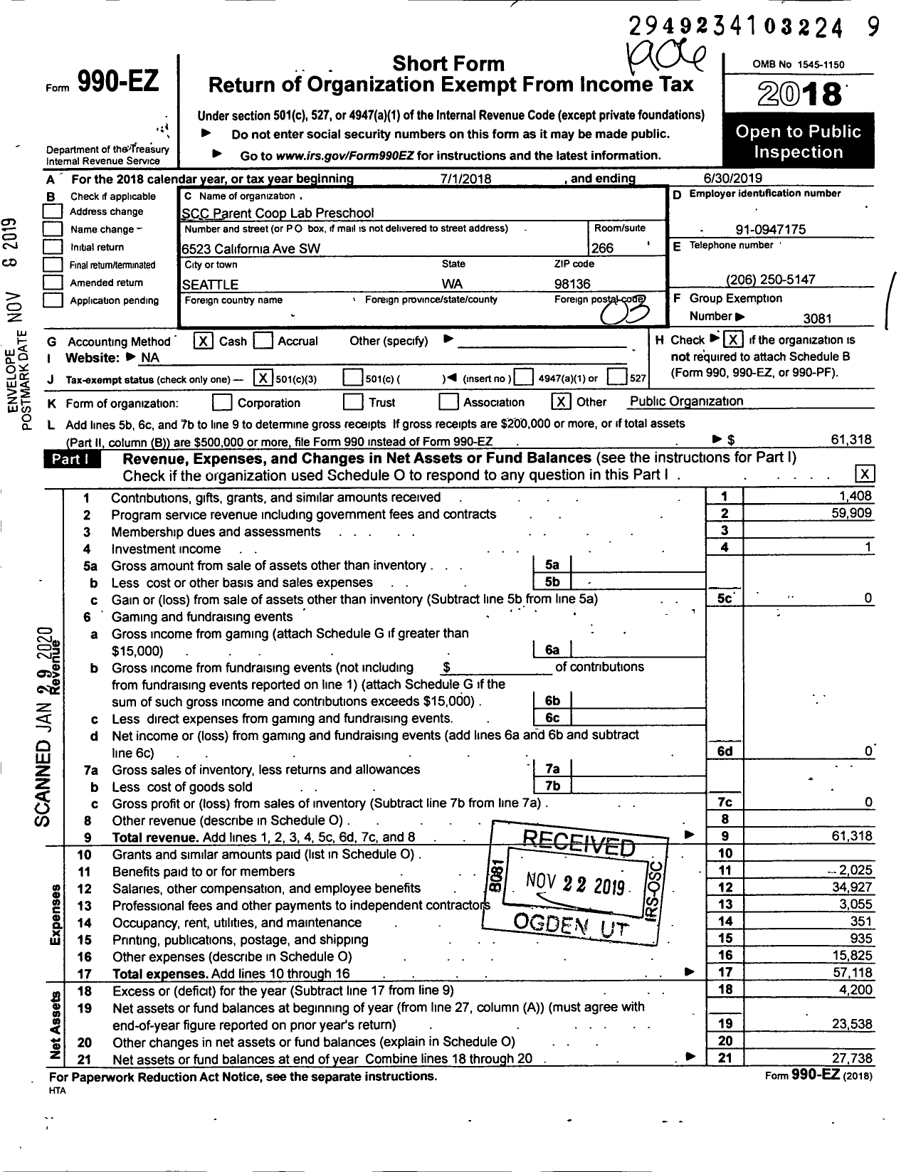 Image of first page of 2018 Form 990EZ for SEATTLE COMMUNITY COLLEGE PARENT COOPERATIVE PRESCHOOL / SSC Parent Coop Lab Preschool