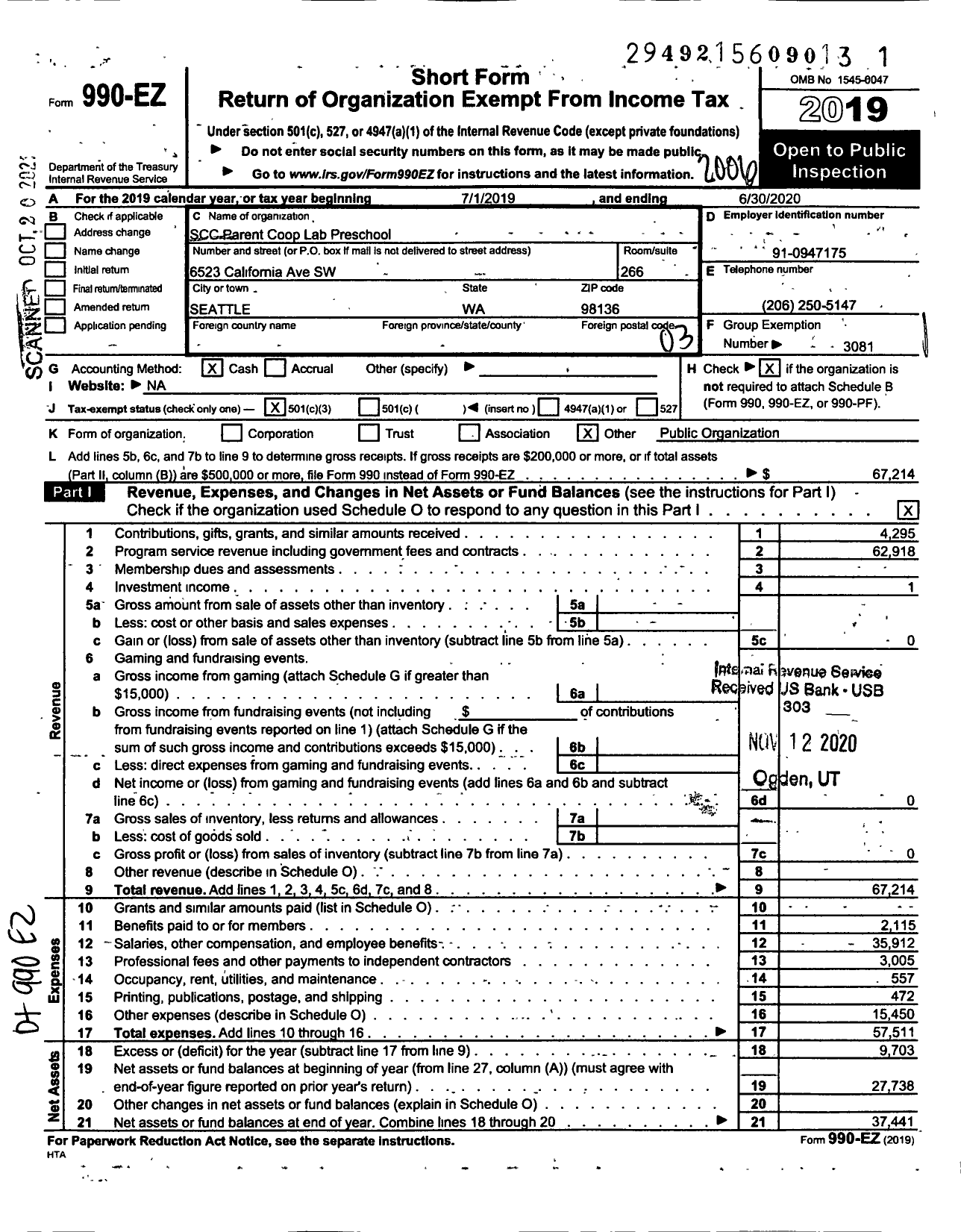 Image of first page of 2019 Form 990EZ for SEATTLE COMMUNITY COLLEGE PARENT COOPERATIVE PRESCHOOL / SSC Parent Coop Lab Preschool