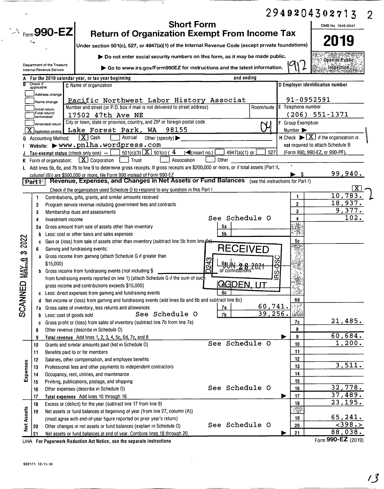 Image of first page of 2019 Form 990EO for Pacific Northwest Labor History Association