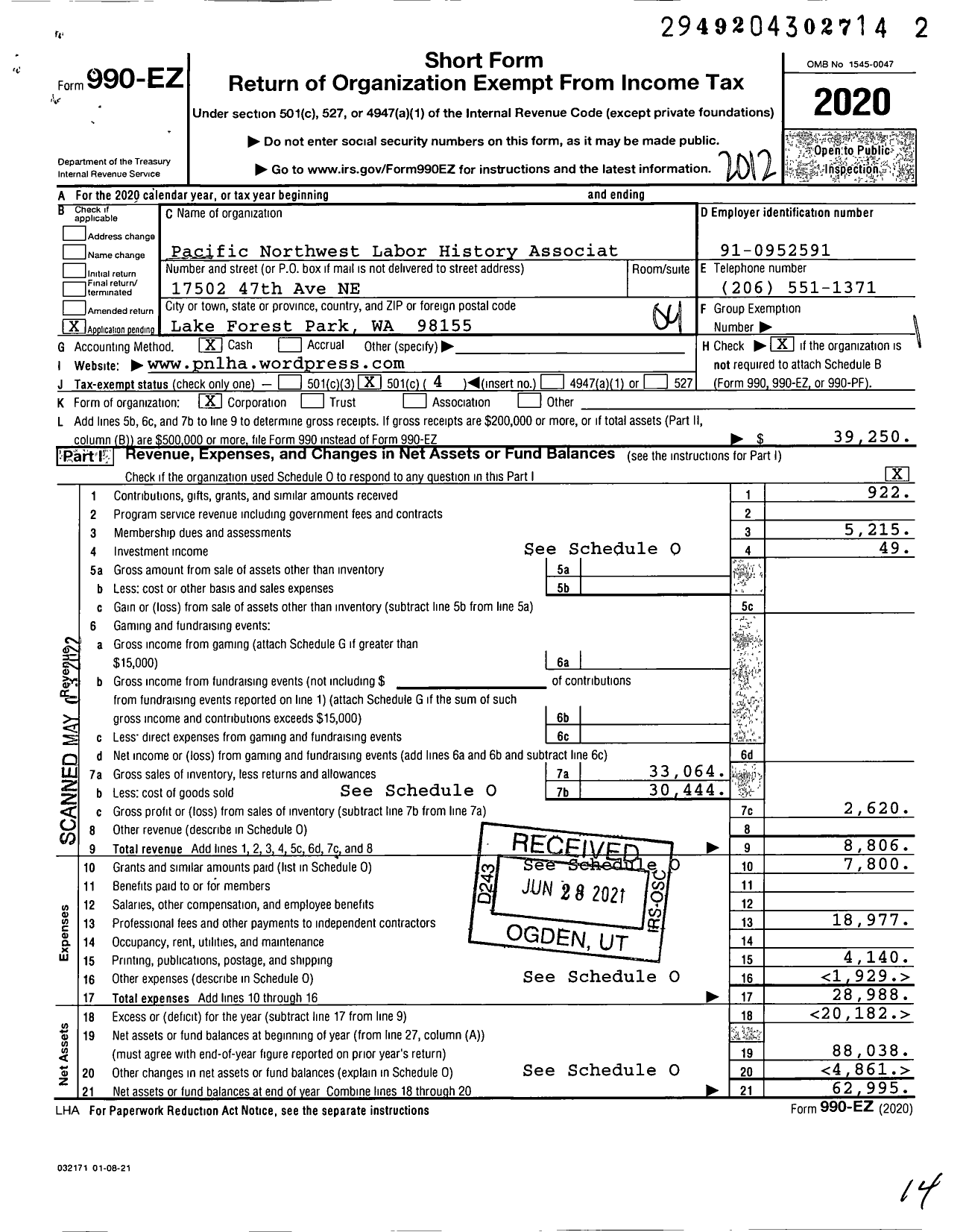 Image of first page of 2020 Form 990EO for Pacific Northwest Labor History Association