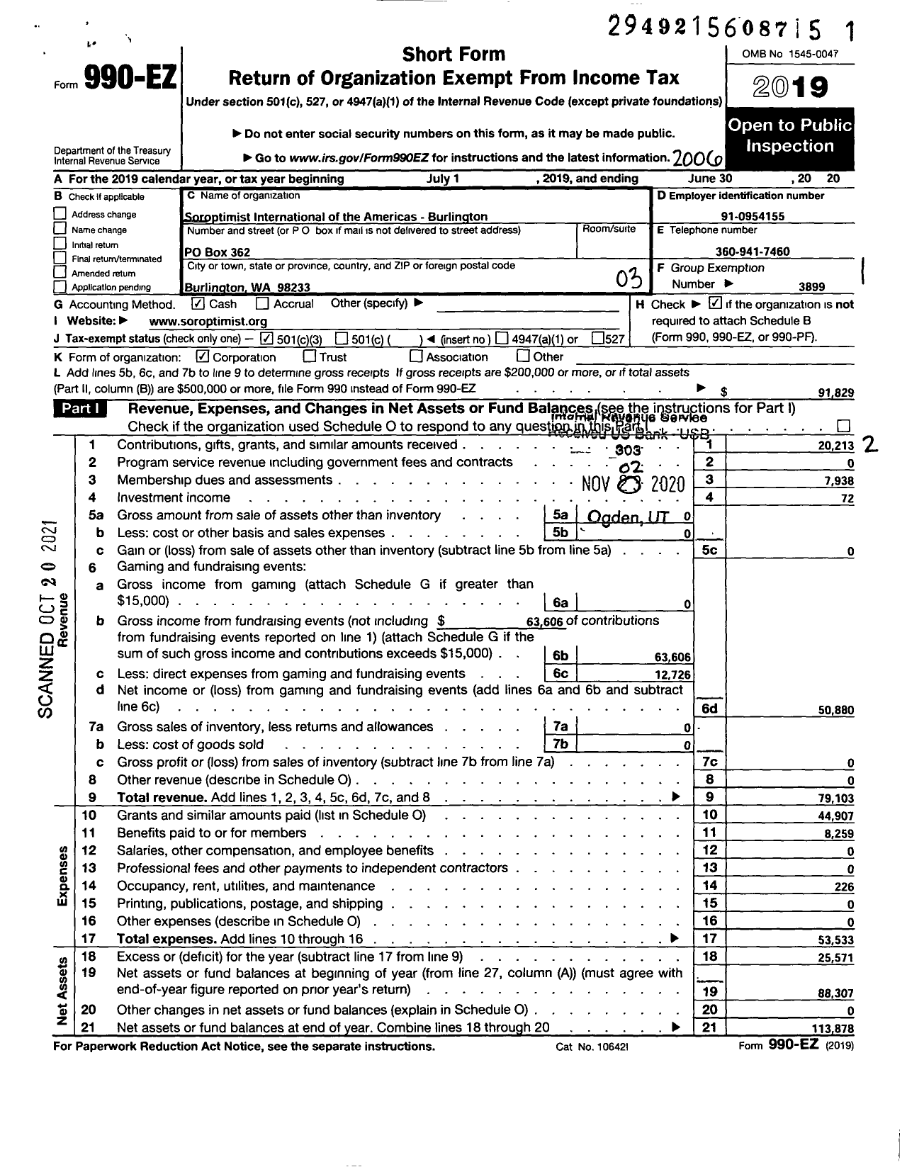 Image of first page of 2019 Form 990EZ for Soroptimist International of the Americas - 111134 Burlington Wa