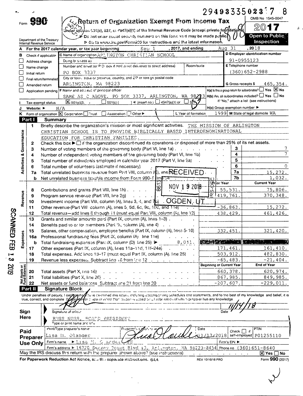 Image of first page of 2017 Form 990 for Arlington Christian School