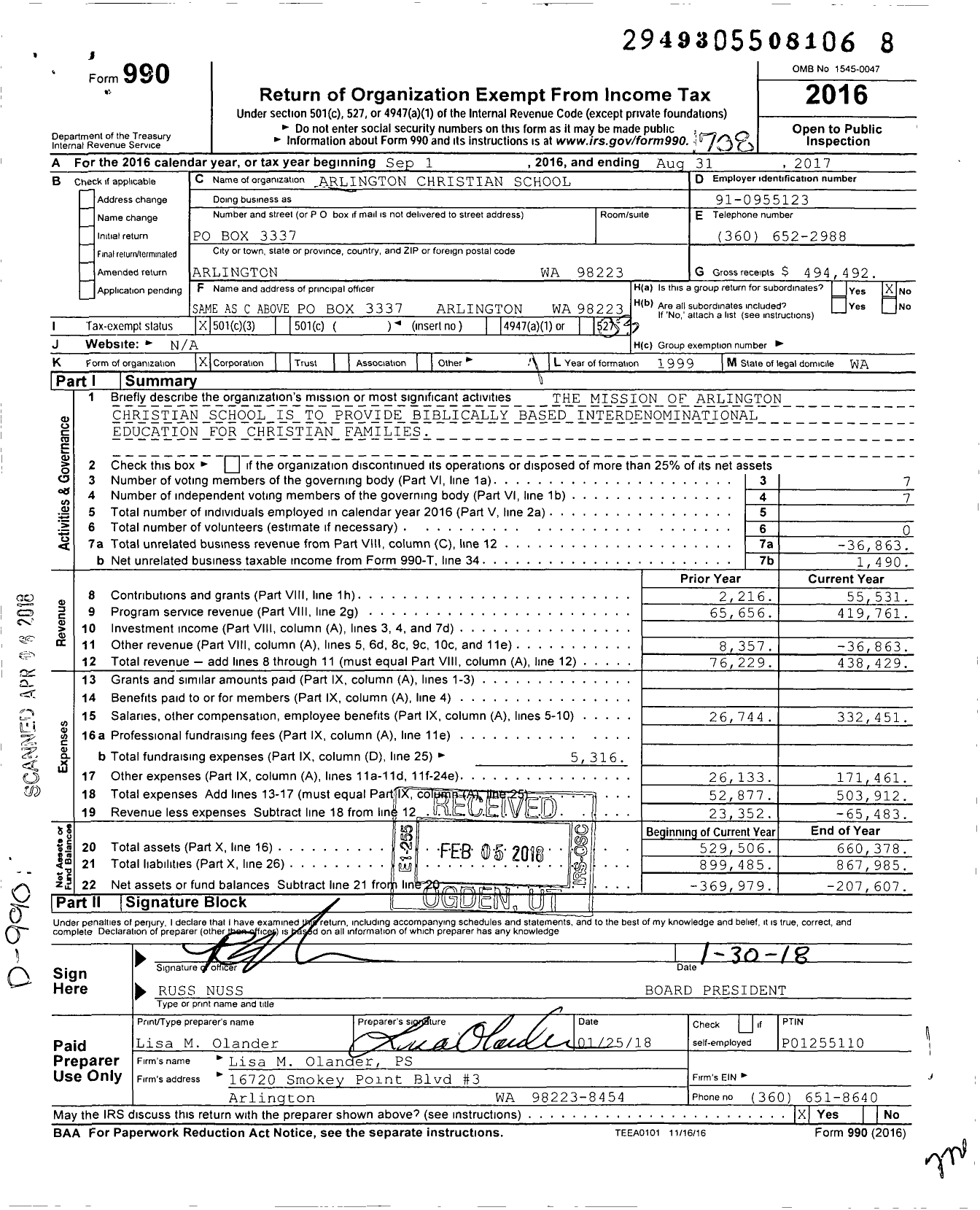 Image of first page of 2016 Form 990 for Arlington Christian School