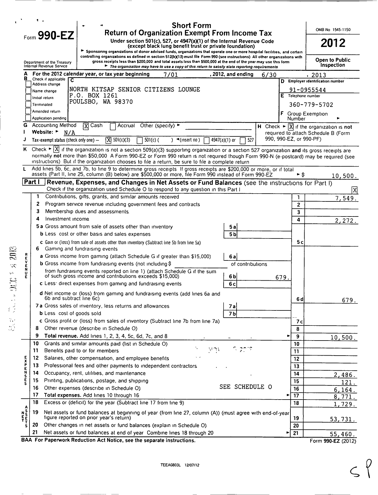 Image of first page of 2012 Form 990EZ for North Kitsap Senior Citizens Center