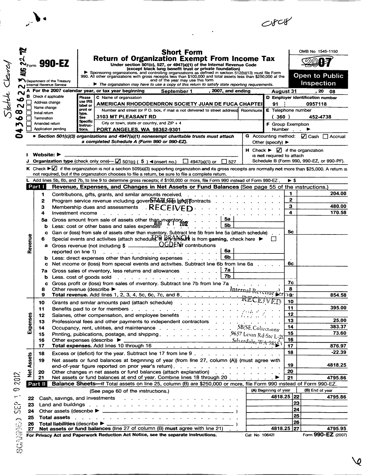 Image of first page of 2007 Form 990EO for American Rhododendron Society / Juan de Fuca Chapter