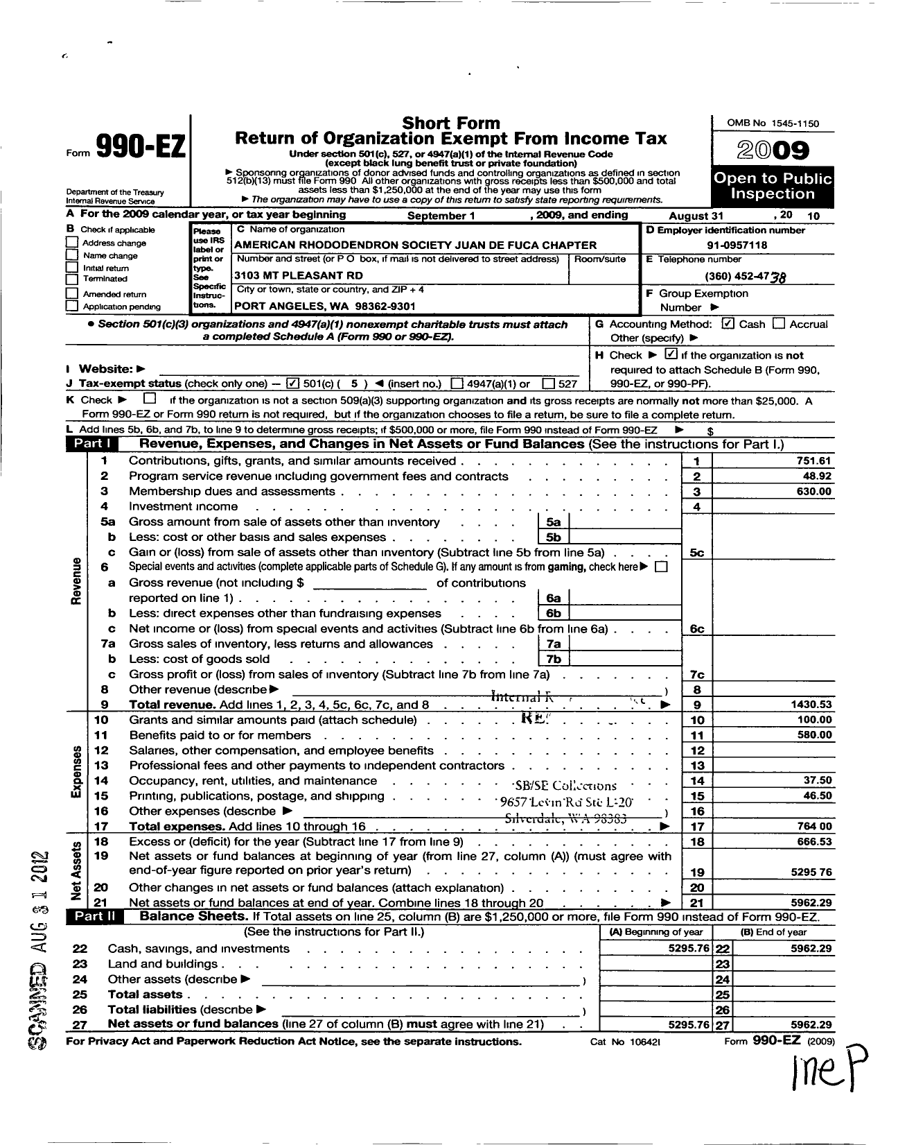 Image of first page of 2009 Form 990EO for American Rhododendron Society / Juan de Fuca Chapter