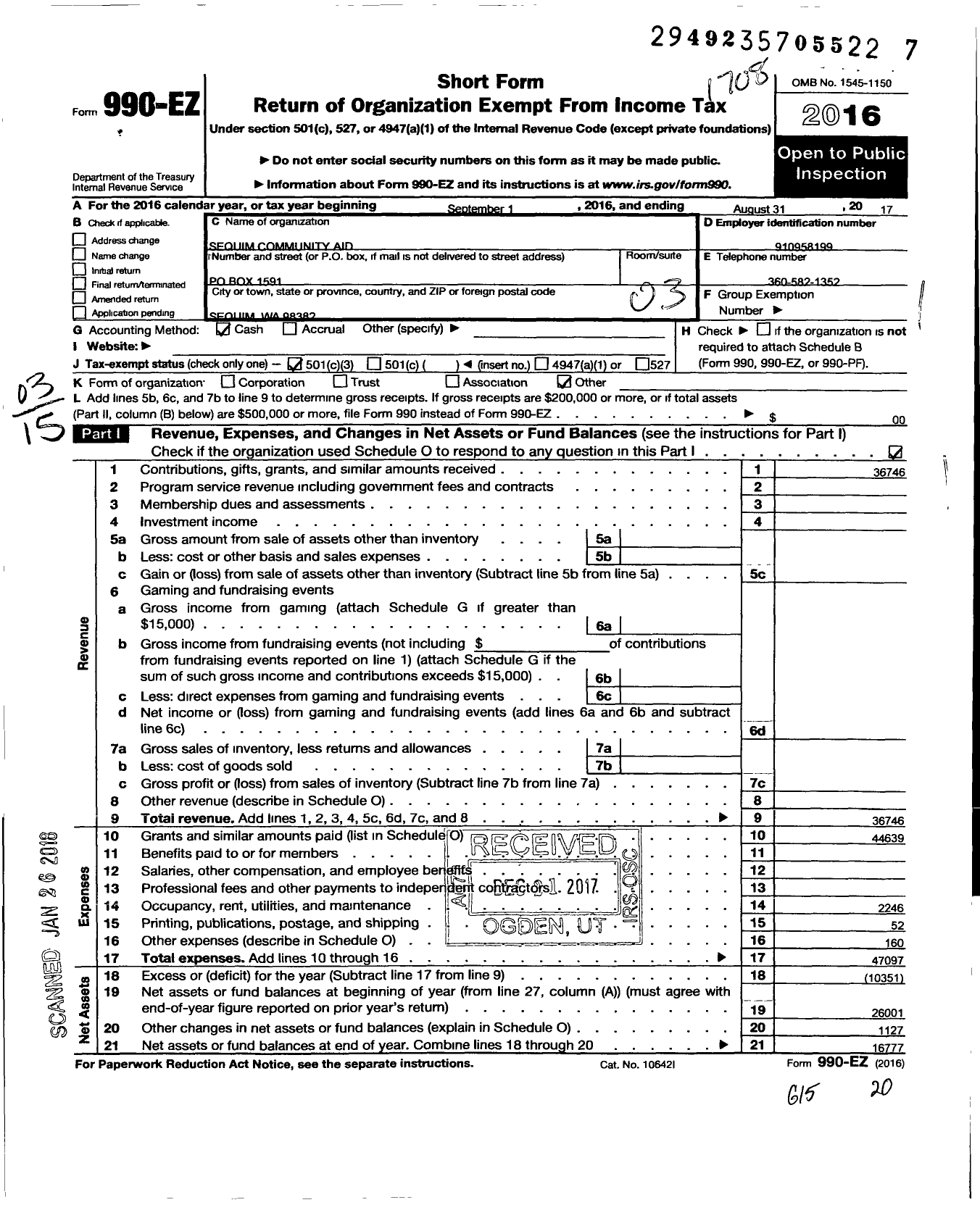 Image of first page of 2016 Form 990EZ for Sequim Community Aid