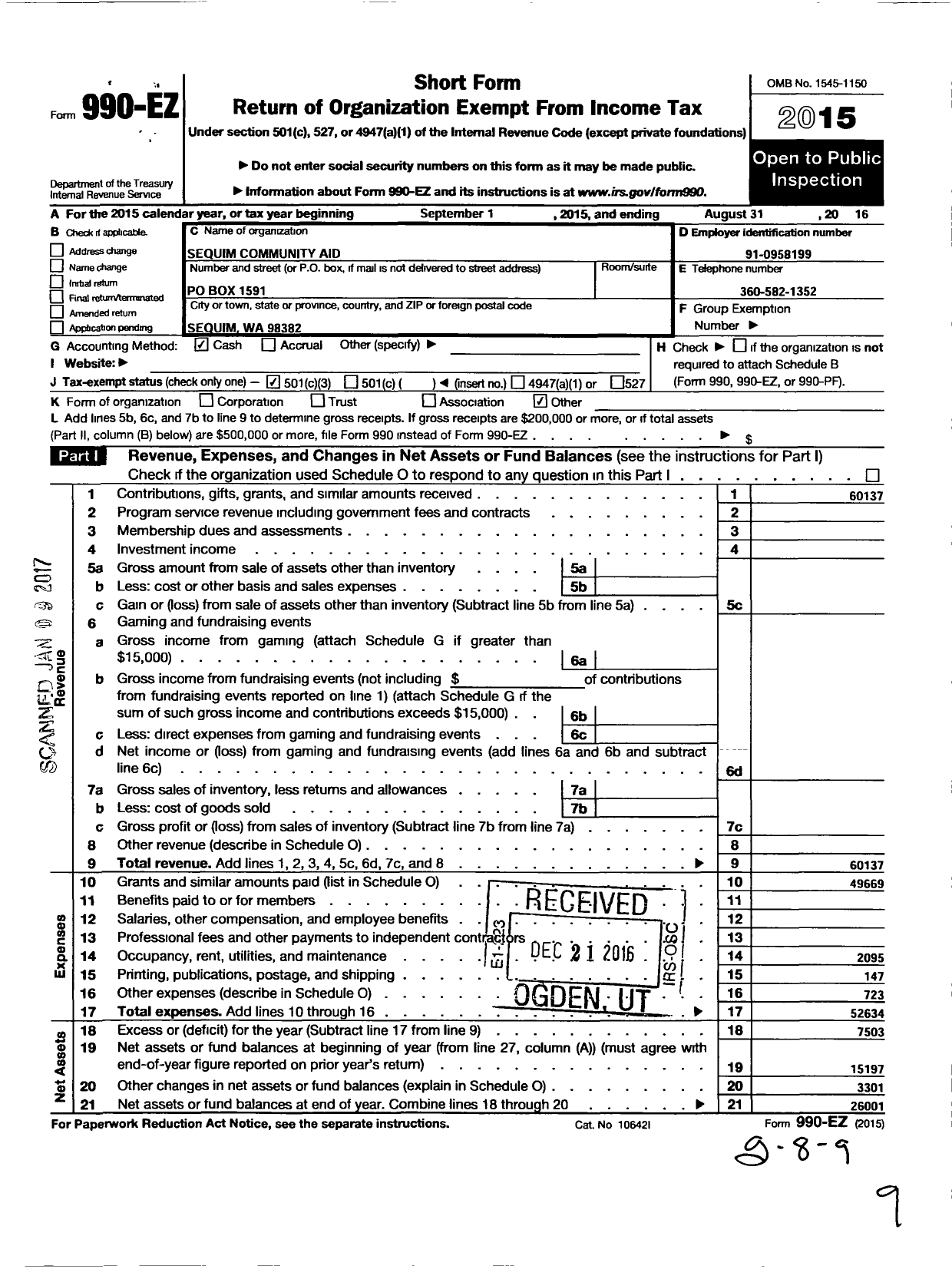 Image of first page of 2015 Form 990EZ for Sequim Community Aid