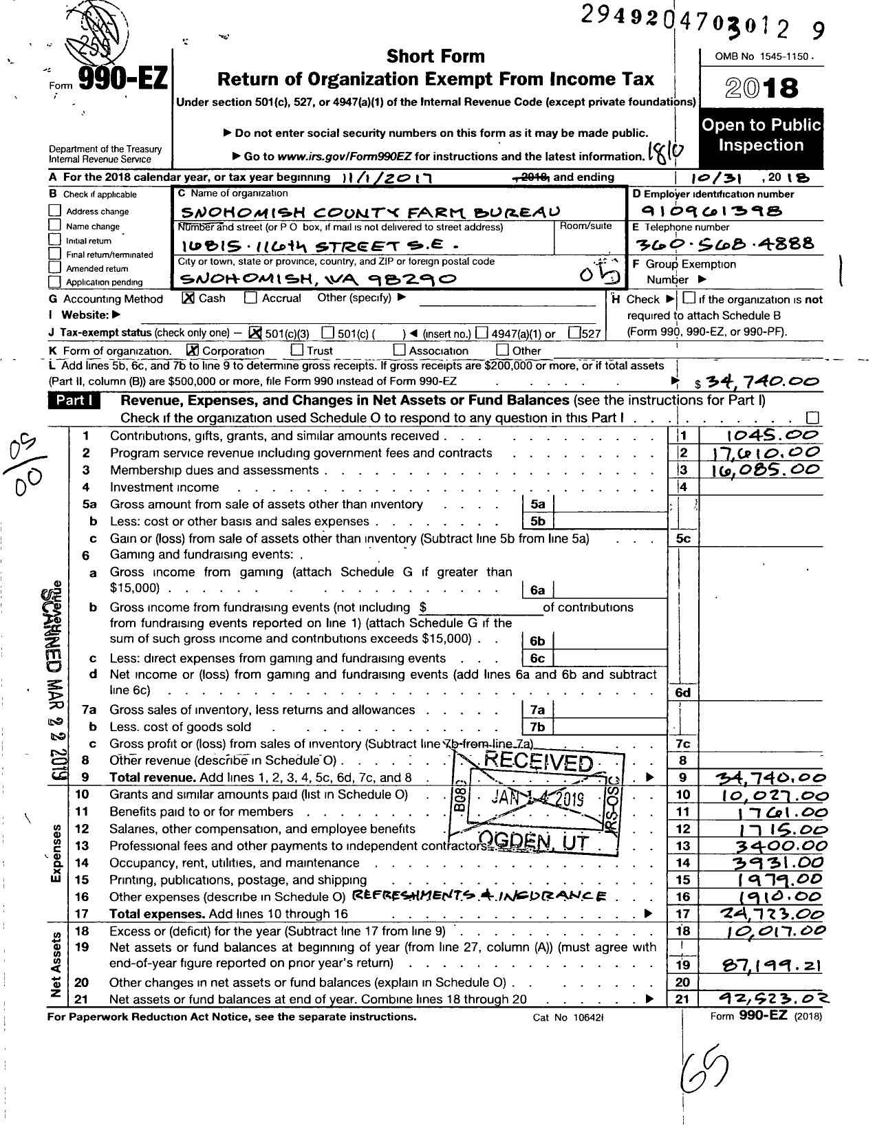 Image of first page of 2017 Form 990EO for Snohomish County Farm Bureau