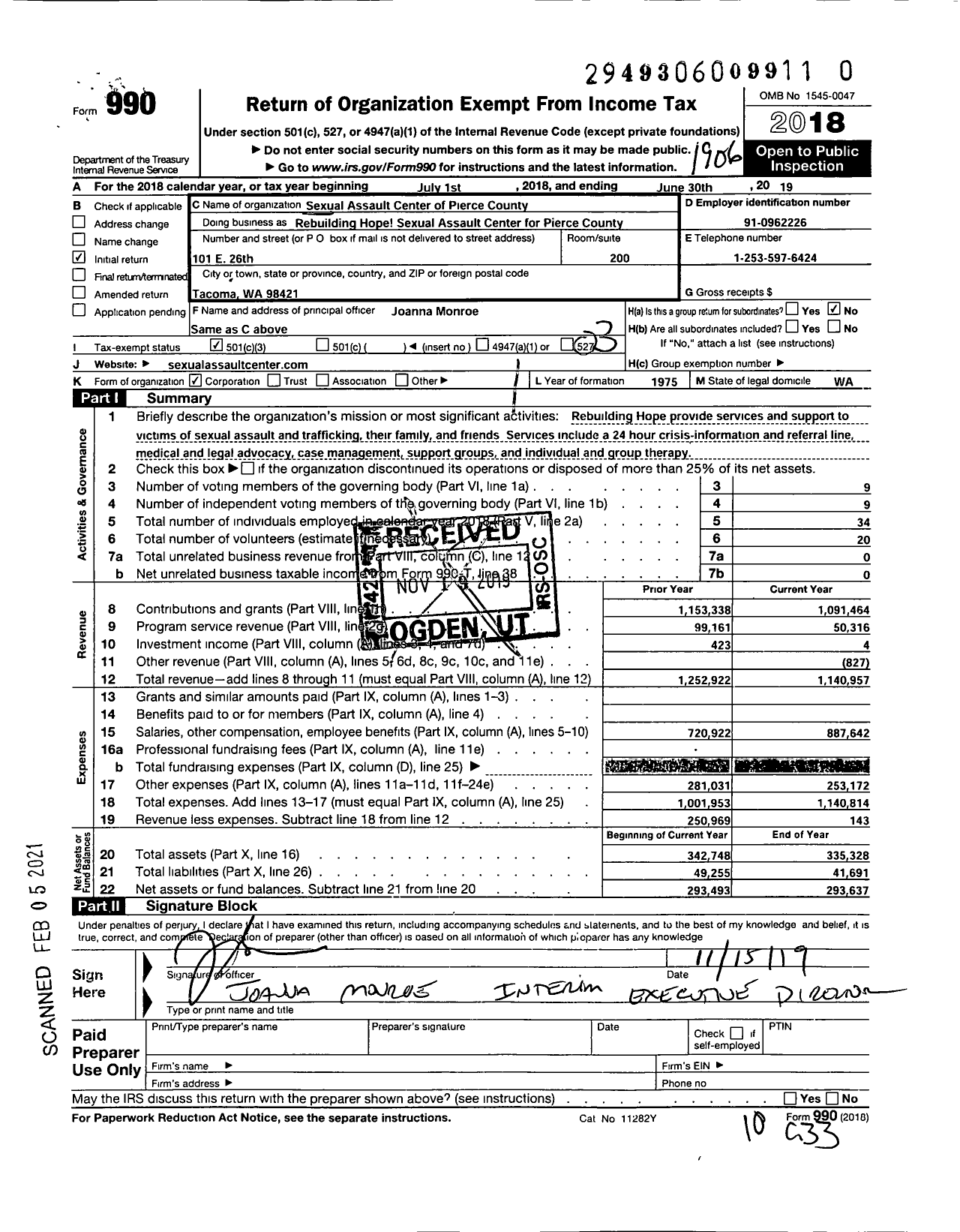 Image of first page of 2018 Form 990 for Rebuilding Hope / Sexual Assault Center of Pierce County