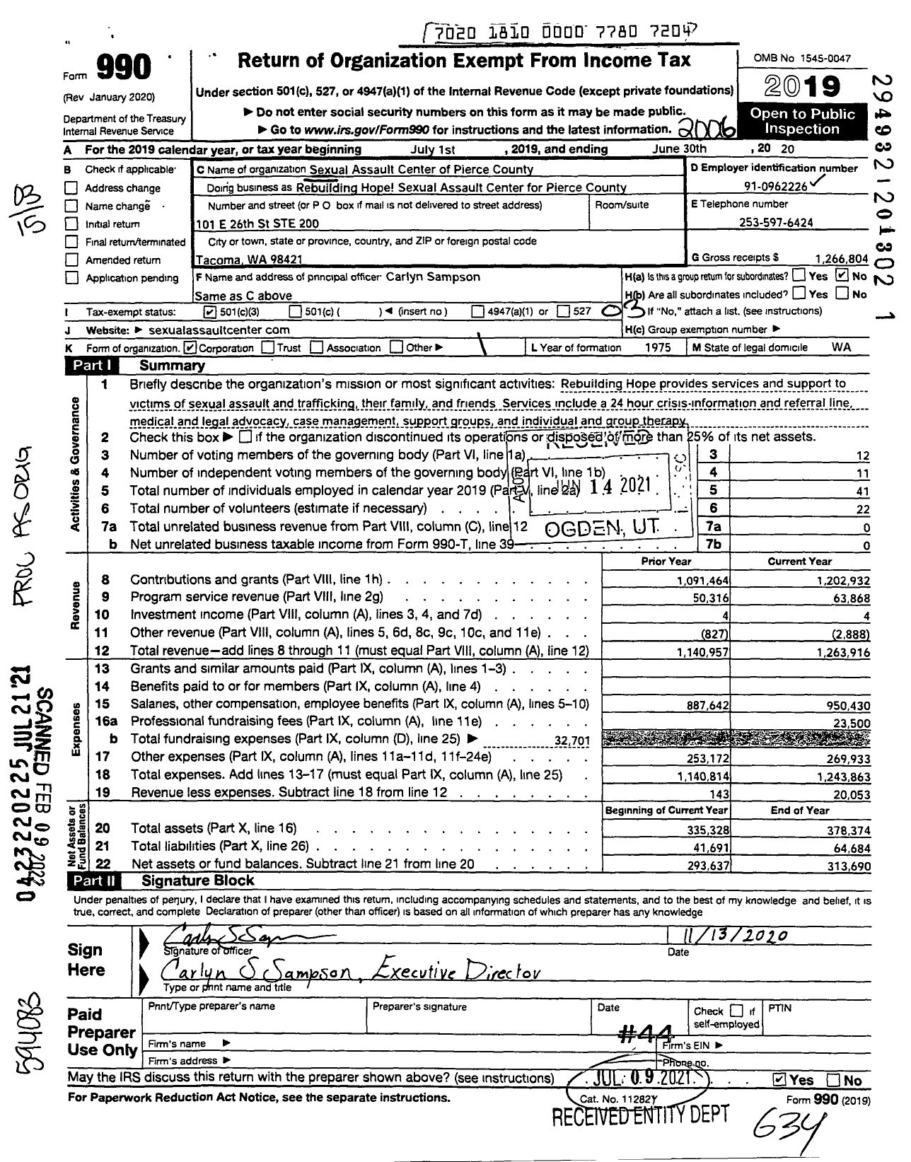 Image of first page of 2019 Form 990 for Rebuilding Hope / Sexual Assault Center of Pierce County