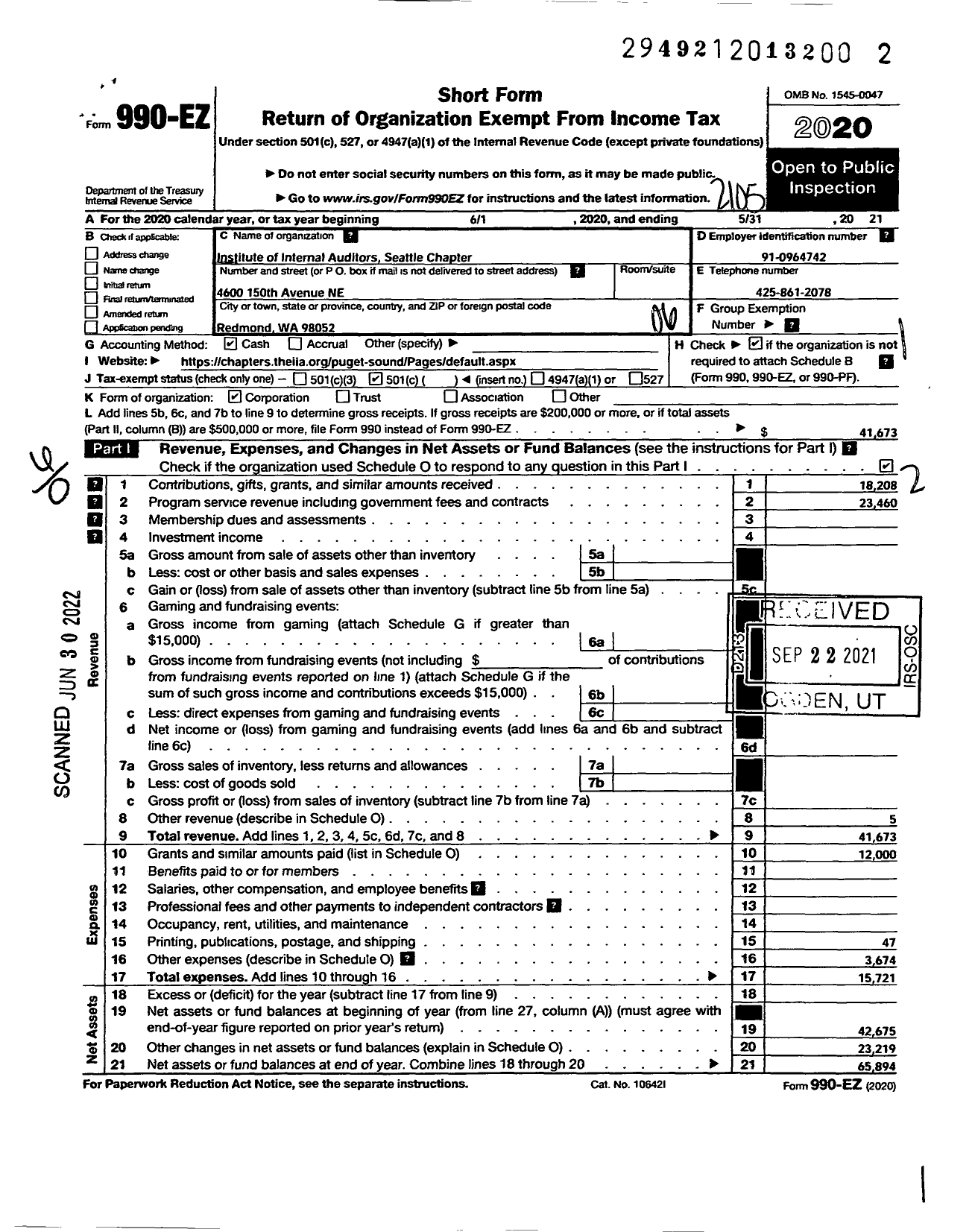 Image of first page of 2020 Form 990EO for Institute of Internal Auditors Seattle Chapter / Seattle Chapter