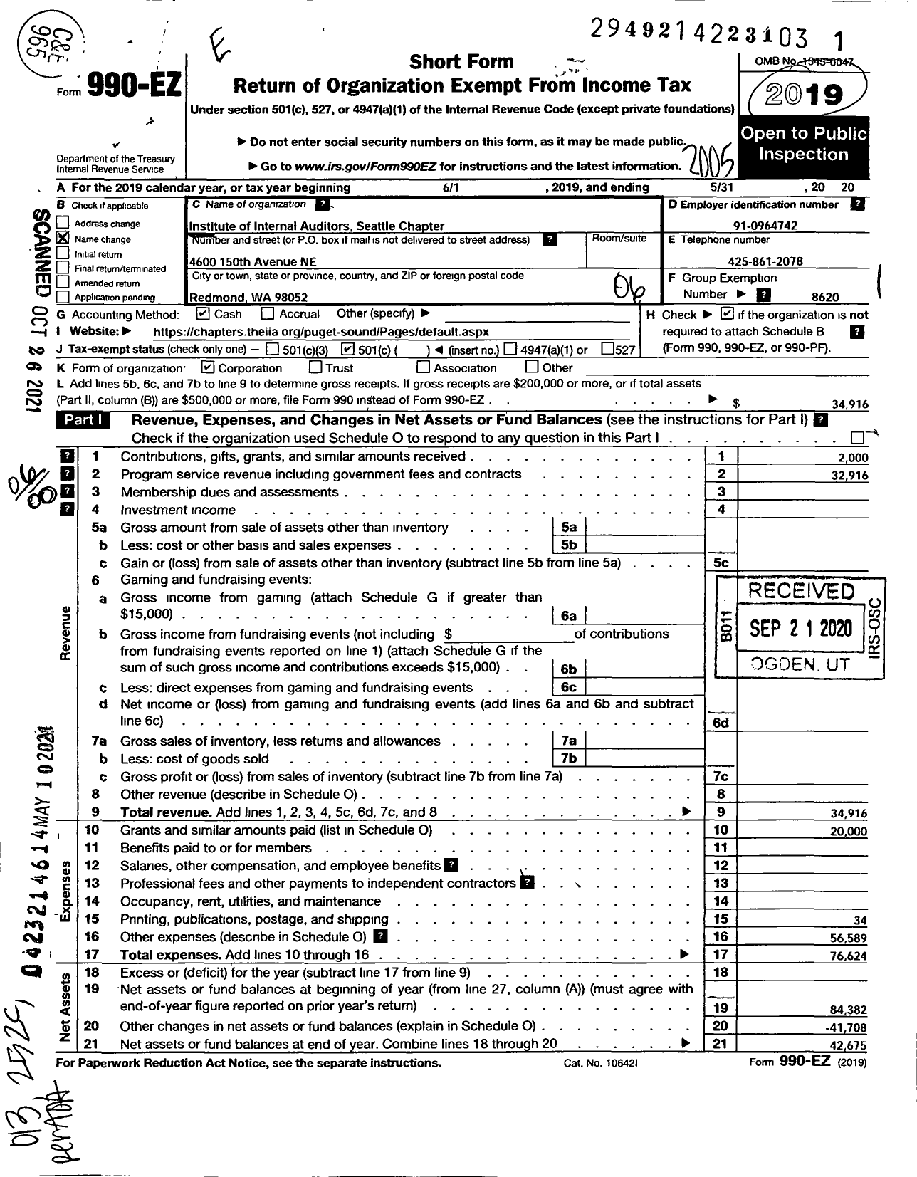 Image of first page of 2019 Form 990EO for Institute of Internal Auditors Seattle Chapter / Seattle Chapter