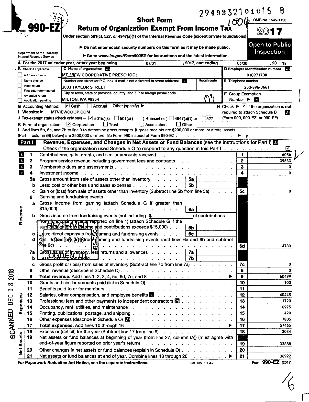 Image of first page of 2017 Form 990EZ for Mt View Cooperative Nursery School