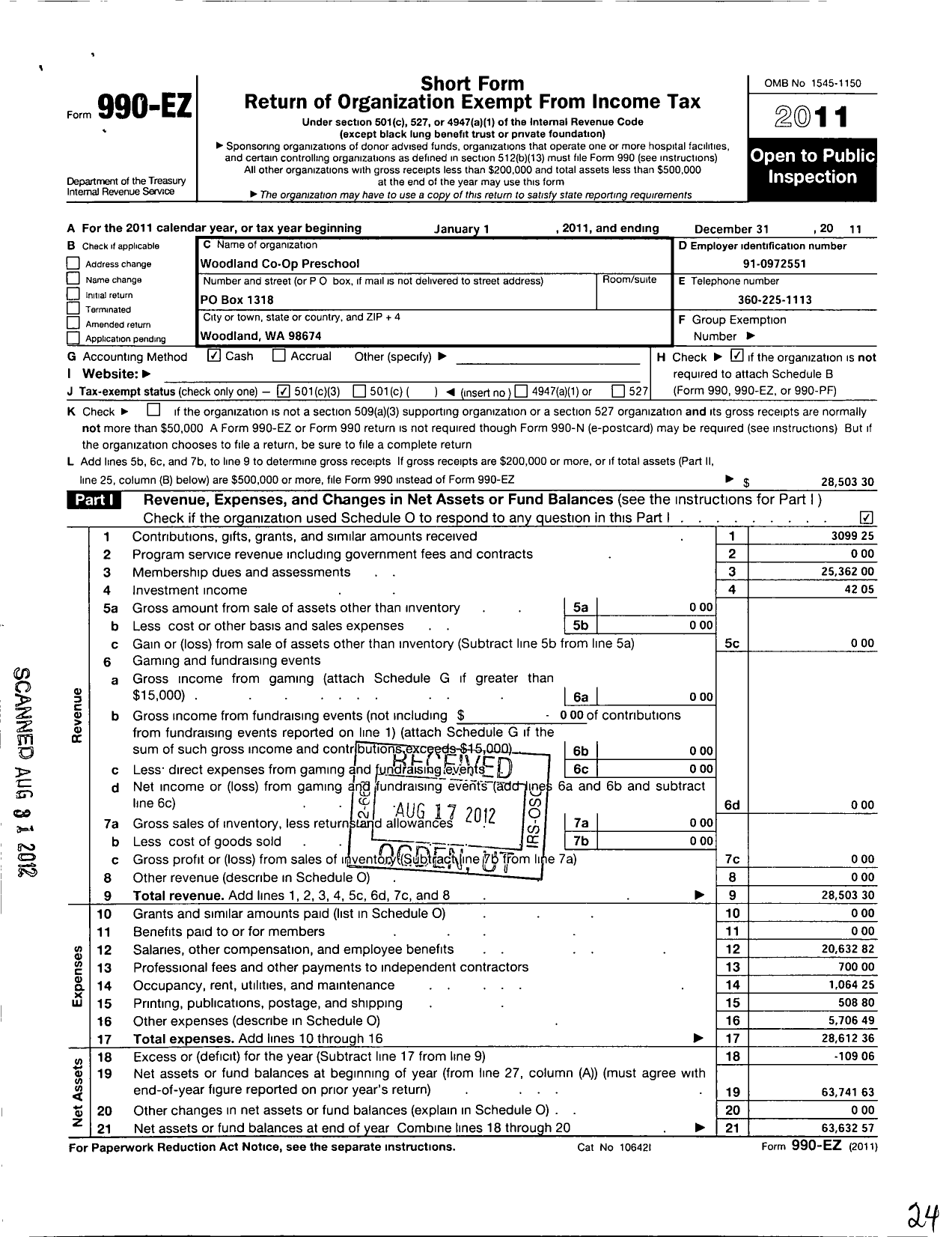 Image of first page of 2011 Form 990EZ for Woodland Co-Op Preschool