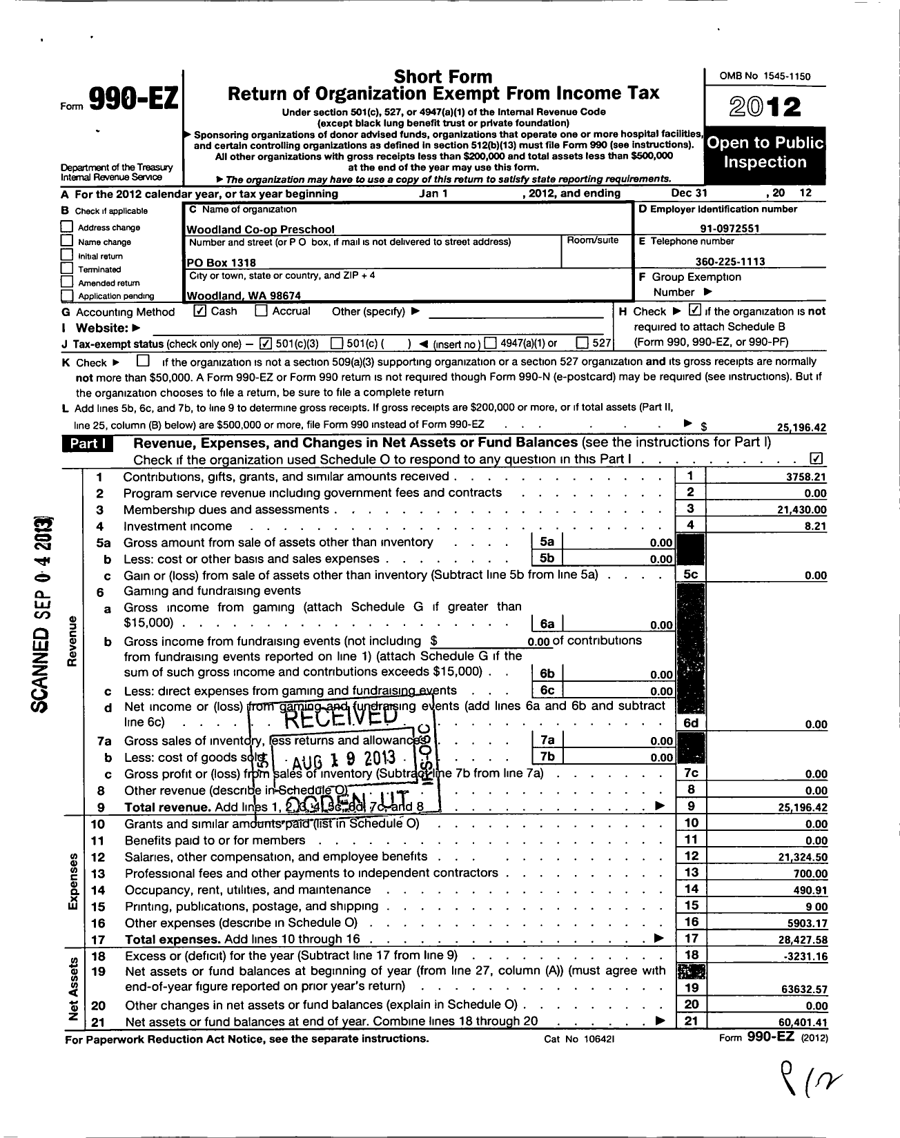 Image of first page of 2012 Form 990EZ for Woodland Co-Op Preschool