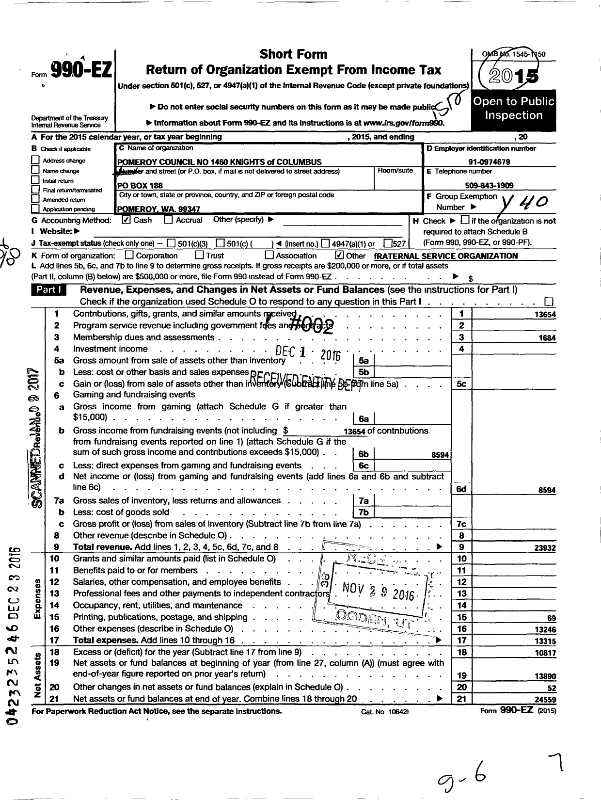 Image of first page of 2015 Form 990EO for Knights of Columbus