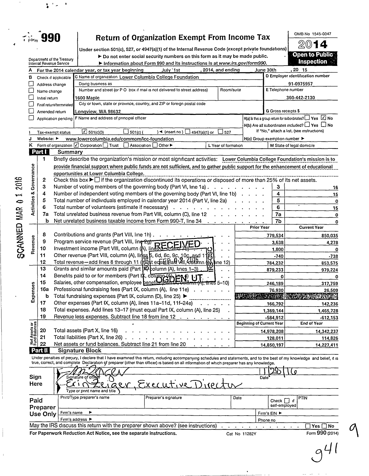 Image of first page of 2014 Form 990 for Lower Columbia College Foundation