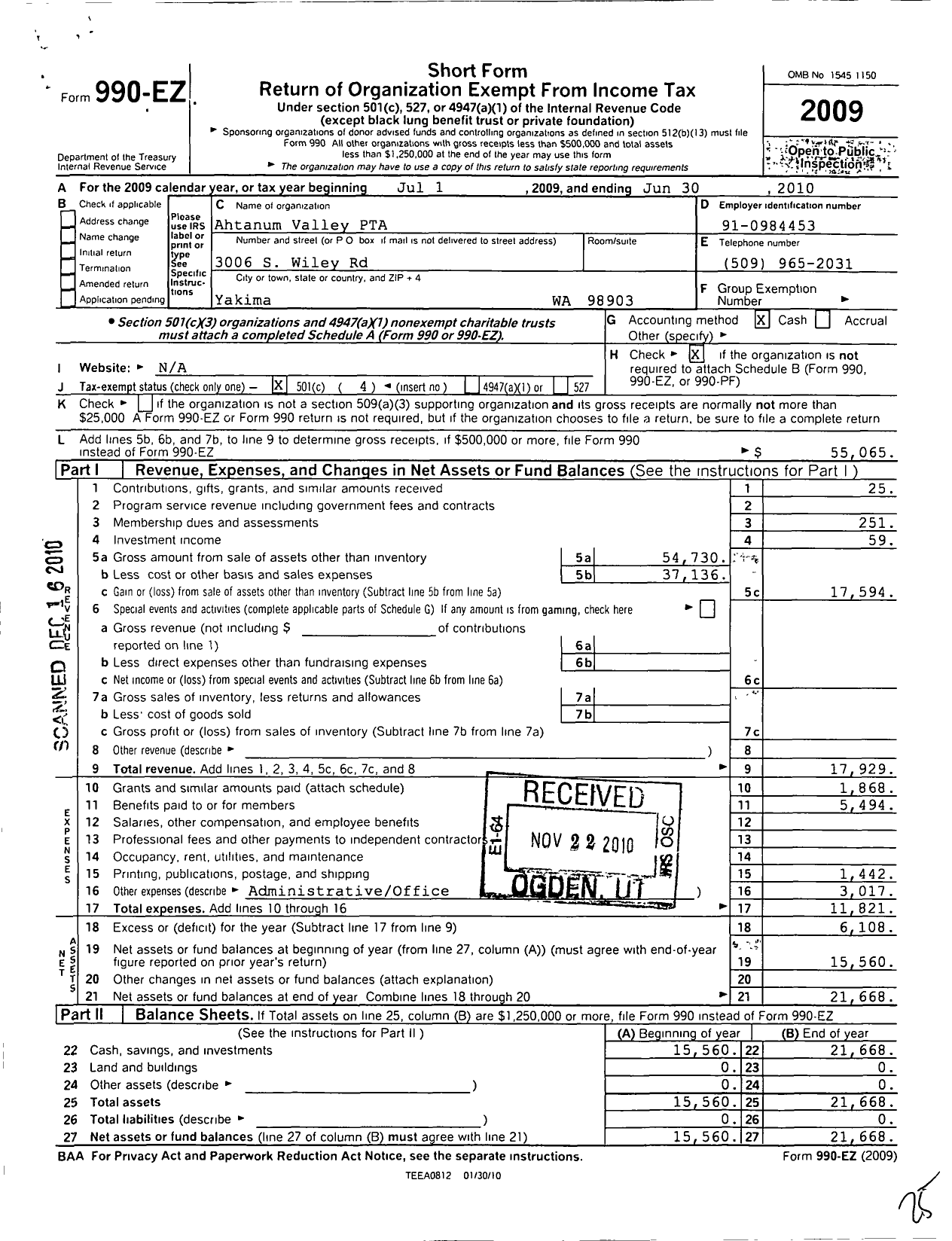 Image of first page of 2009 Form 990EO for Ahtanum Valley P T A