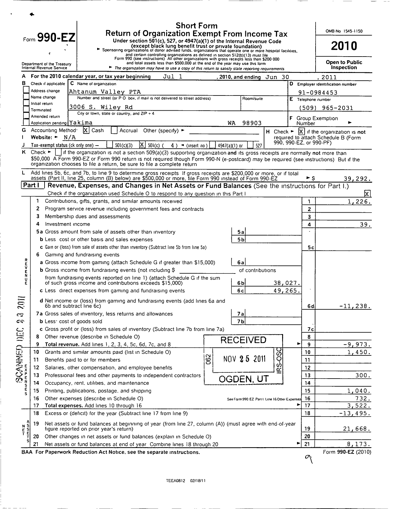 Image of first page of 2010 Form 990EO for Ahtanum Valley P T A