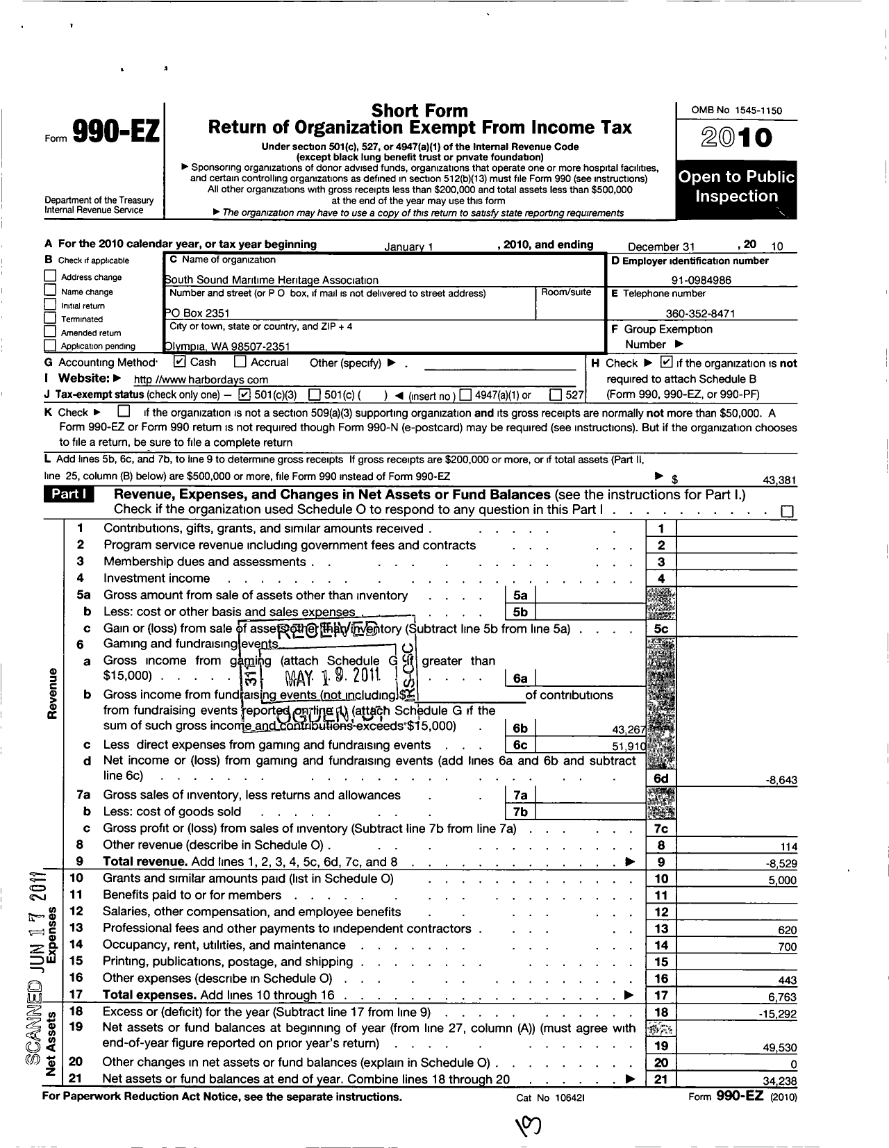 Image of first page of 2010 Form 990EZ for South Sound Maritime Heritage Association