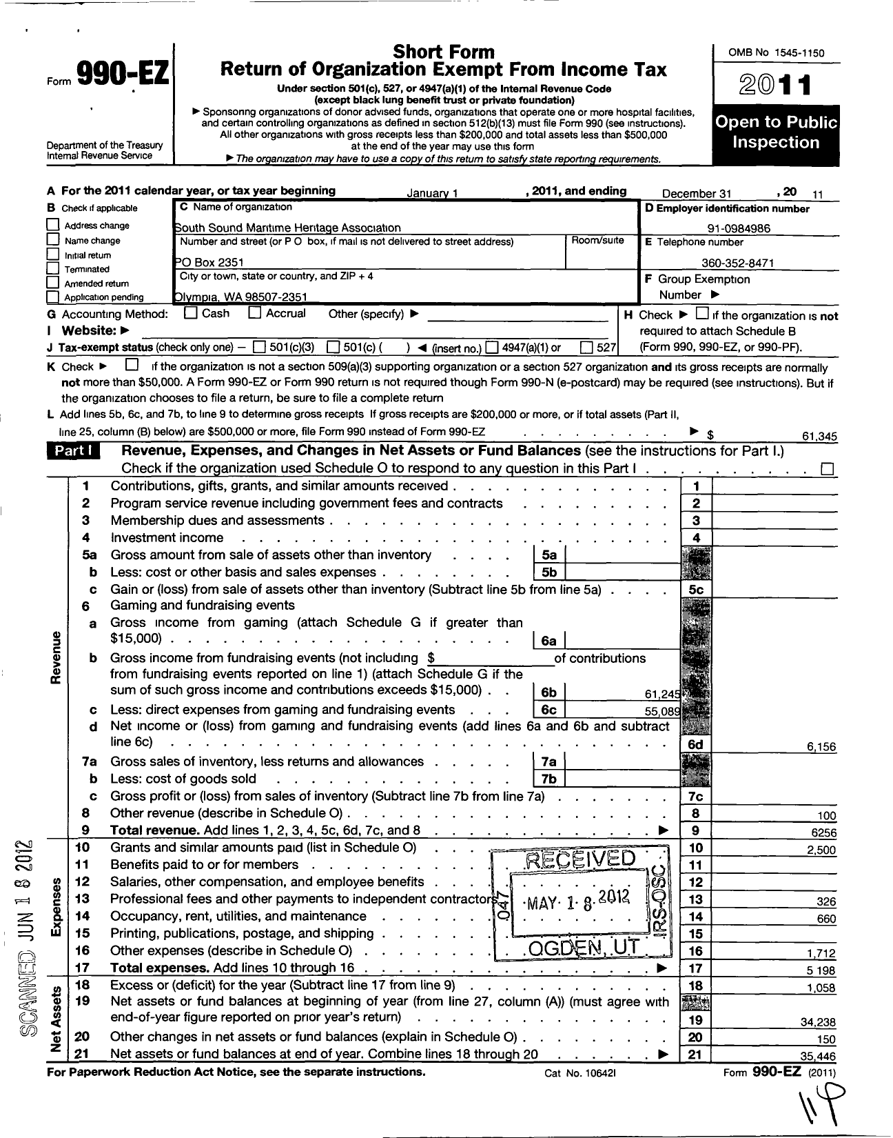 Image of first page of 2011 Form 990EO for South Sound Maritime Heritage Association