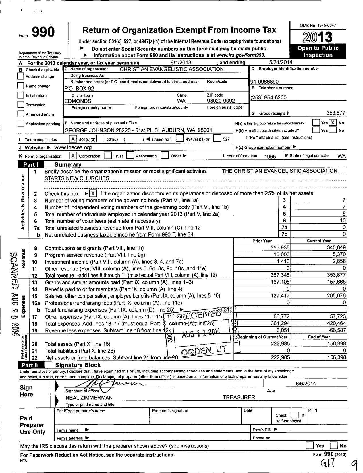 Image of first page of 2013 Form 990 for Christian Evangelistic Association