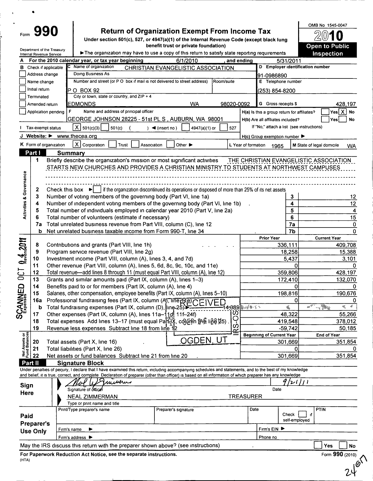 Image of first page of 2010 Form 990 for Christian Evangelistic Association