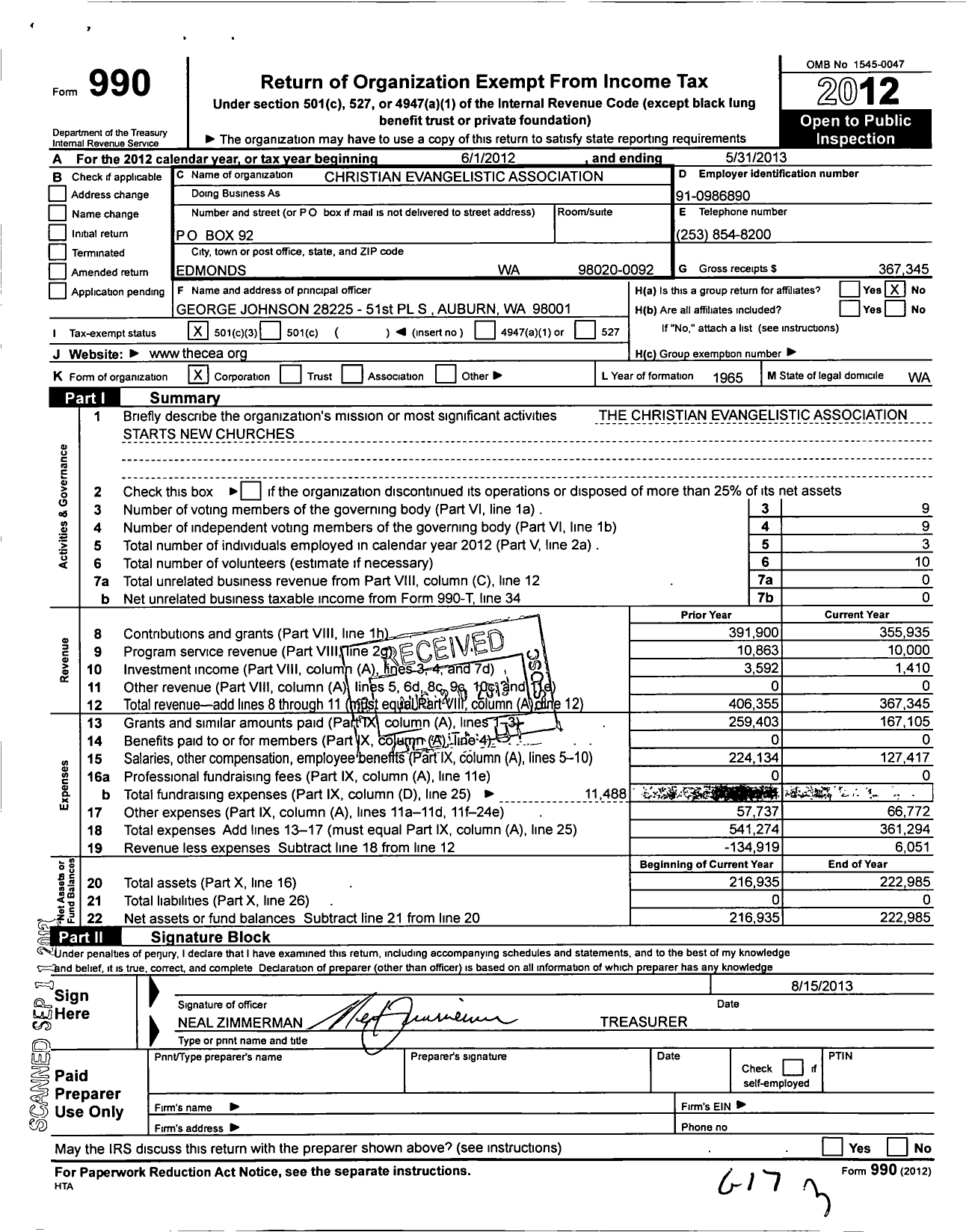 Image of first page of 2012 Form 990 for Christian Evangelistic Association