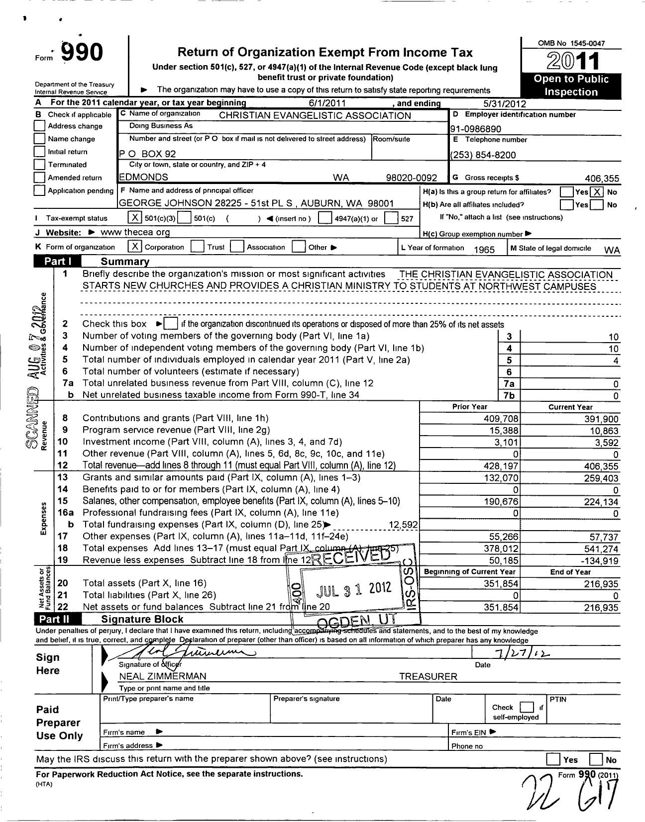 Image of first page of 2011 Form 990 for Christian Evangelistic Association