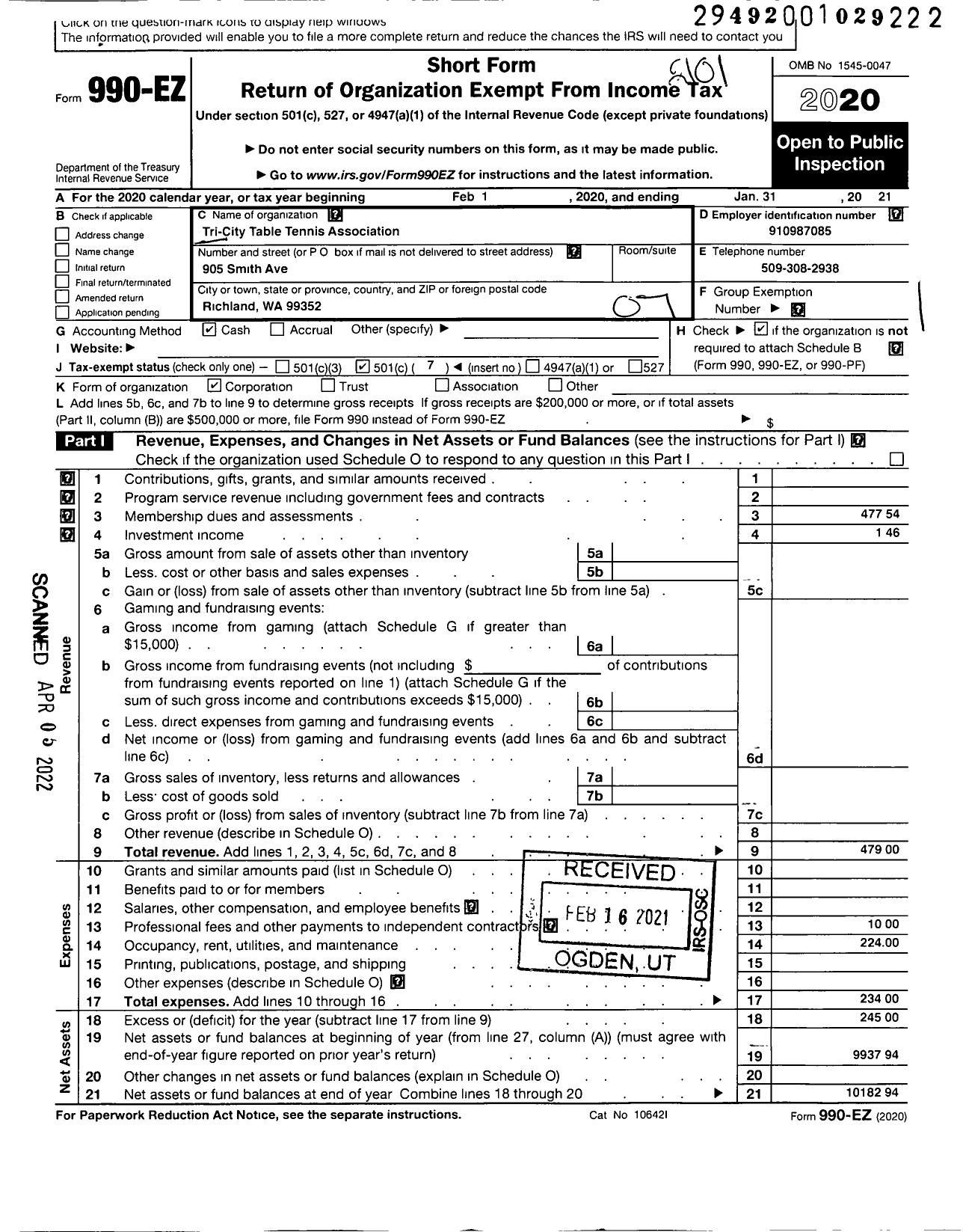 Image of first page of 2020 Form 990EO for Tri-City Table Tennis Association