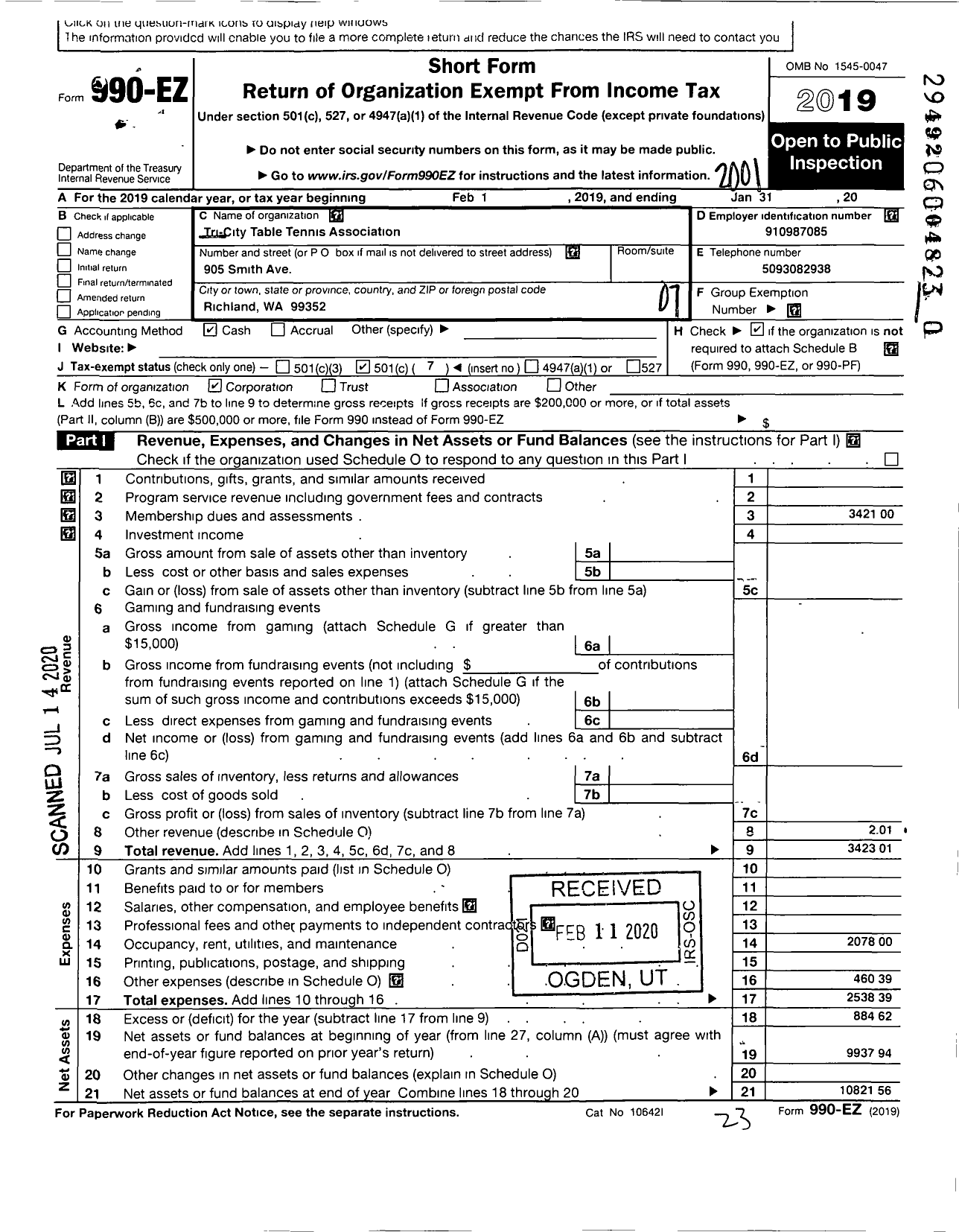 Image of first page of 2019 Form 990EO for Tri-City Table Tennis Association