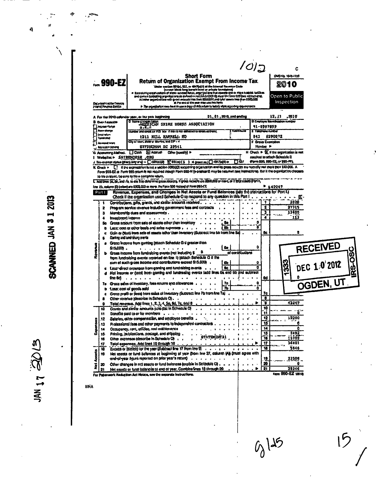 Image of first page of 2010 Form 990EO for American Shire Horse Association