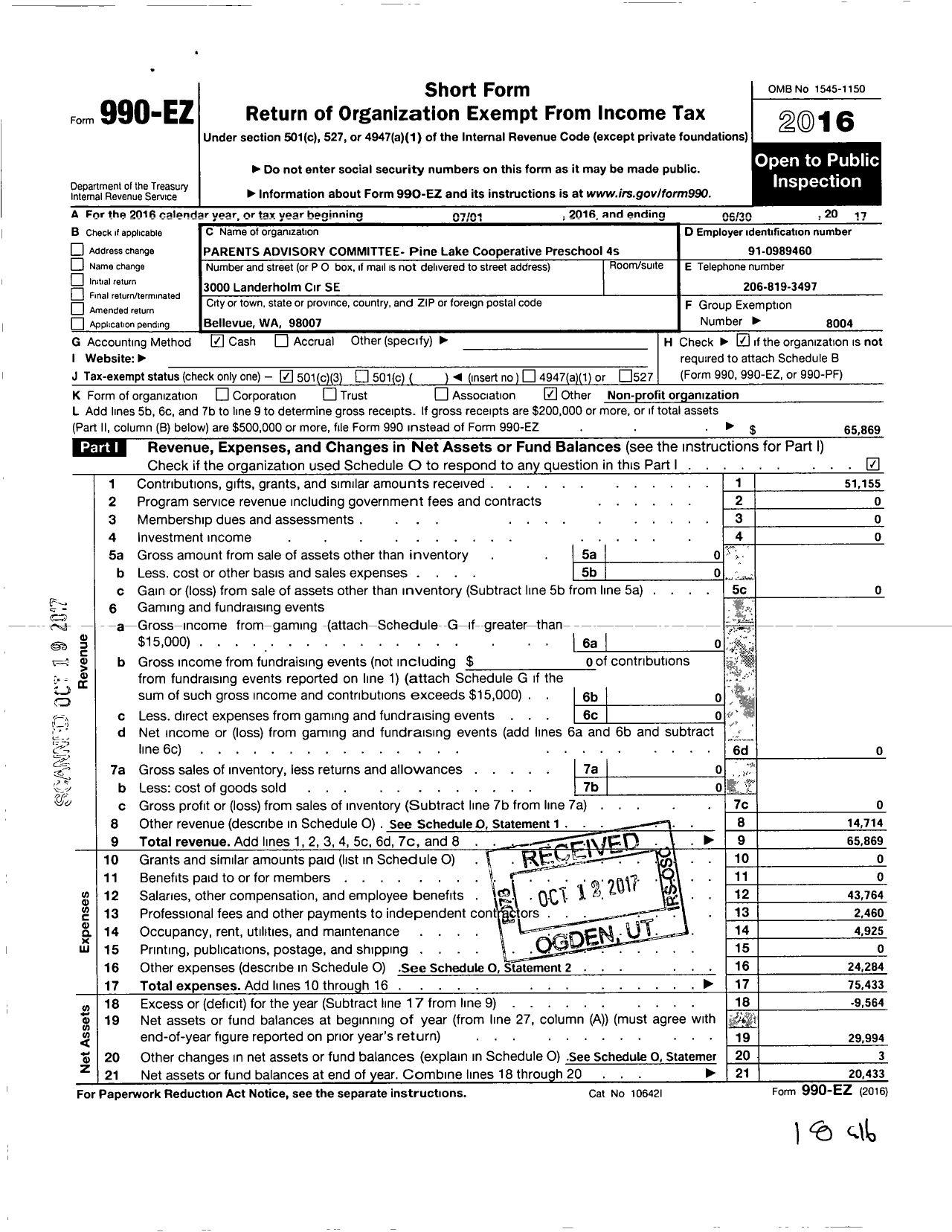 Image of first page of 2016 Form 990EZ for Parents Advisory Committee / Pinelake Cooperative Preschool 4S