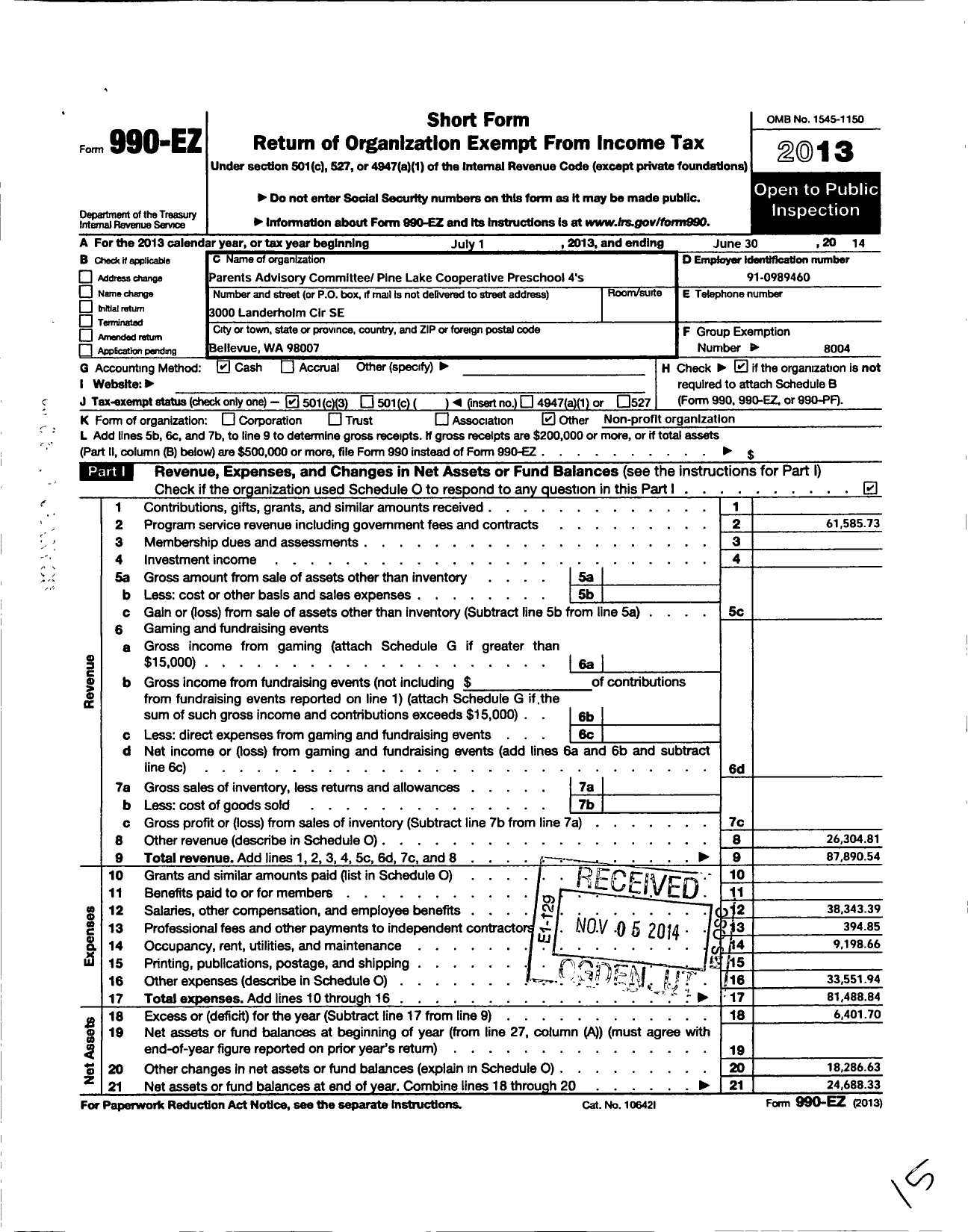 Image of first page of 2013 Form 990EZ for Parents Advisory Committee / Pinelake Cooperative Preschool 4S