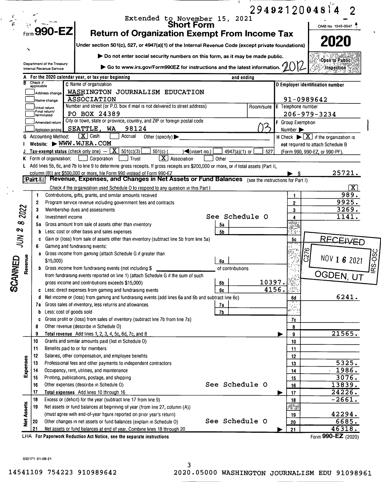 Image of first page of 2020 Form 990EZ for Washington Journalism Education Association