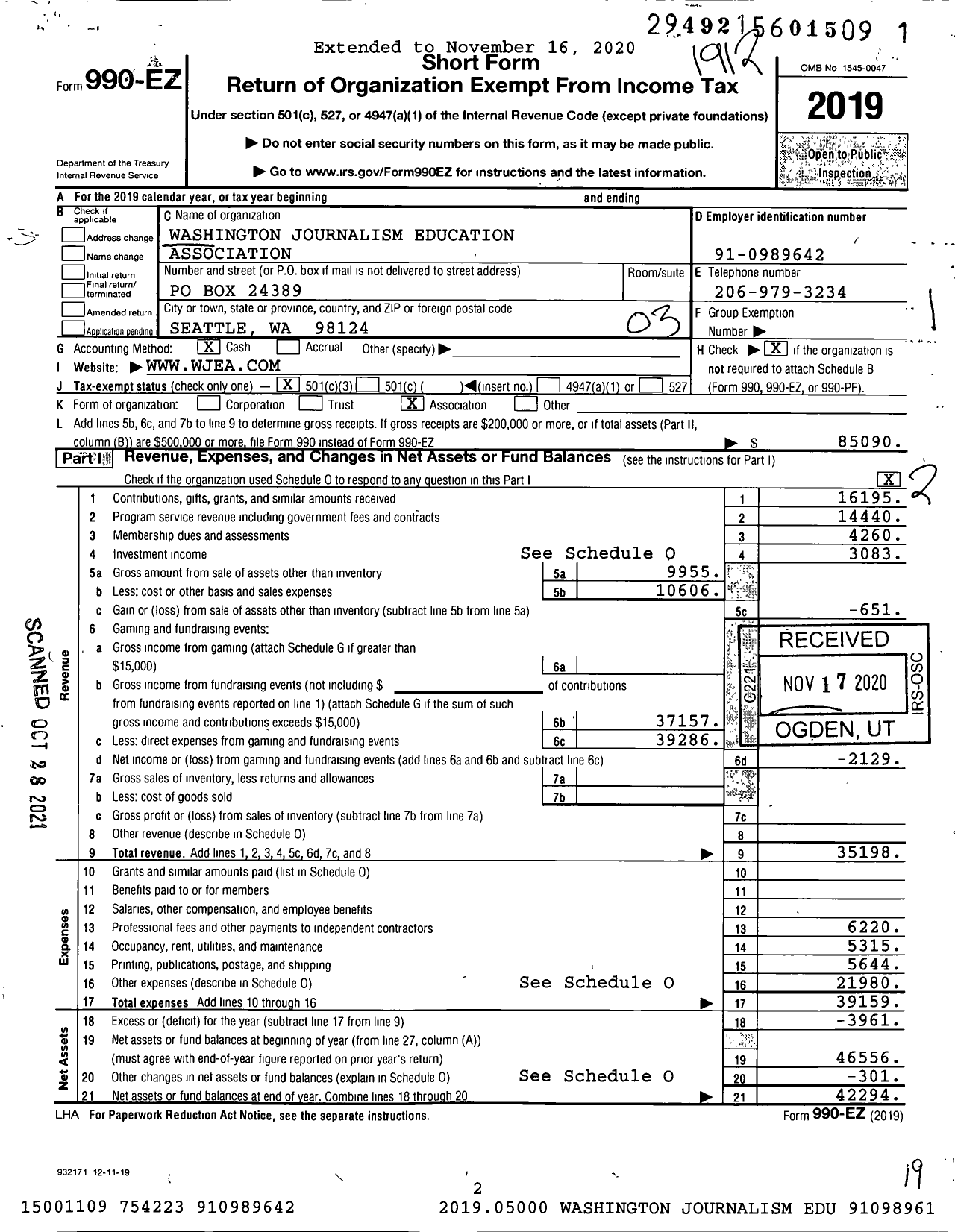 Image of first page of 2019 Form 990EZ for Washington Journalism Education Association