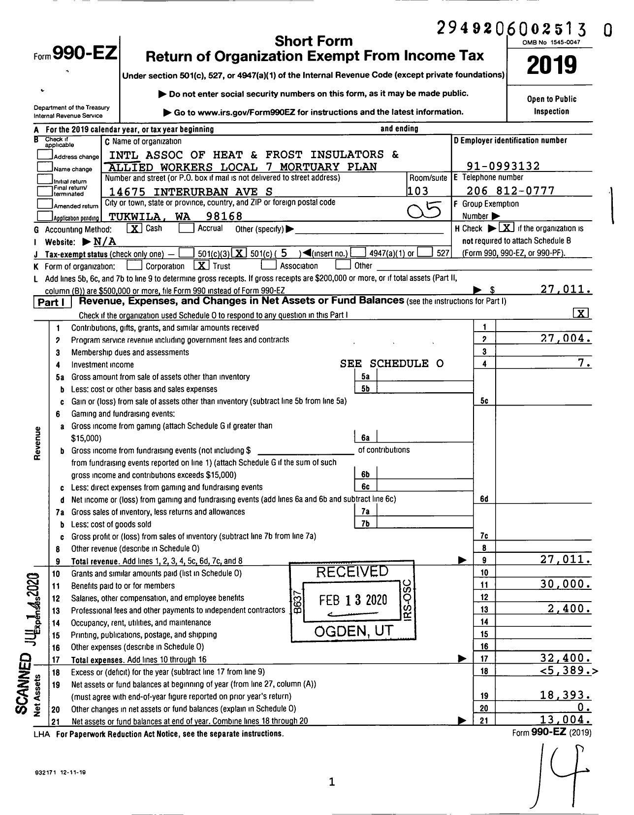 Image of first page of 2019 Form 990EO for International Association of Heat and Frost Insulators and Allied Workers Local 7 Mortuary Plan