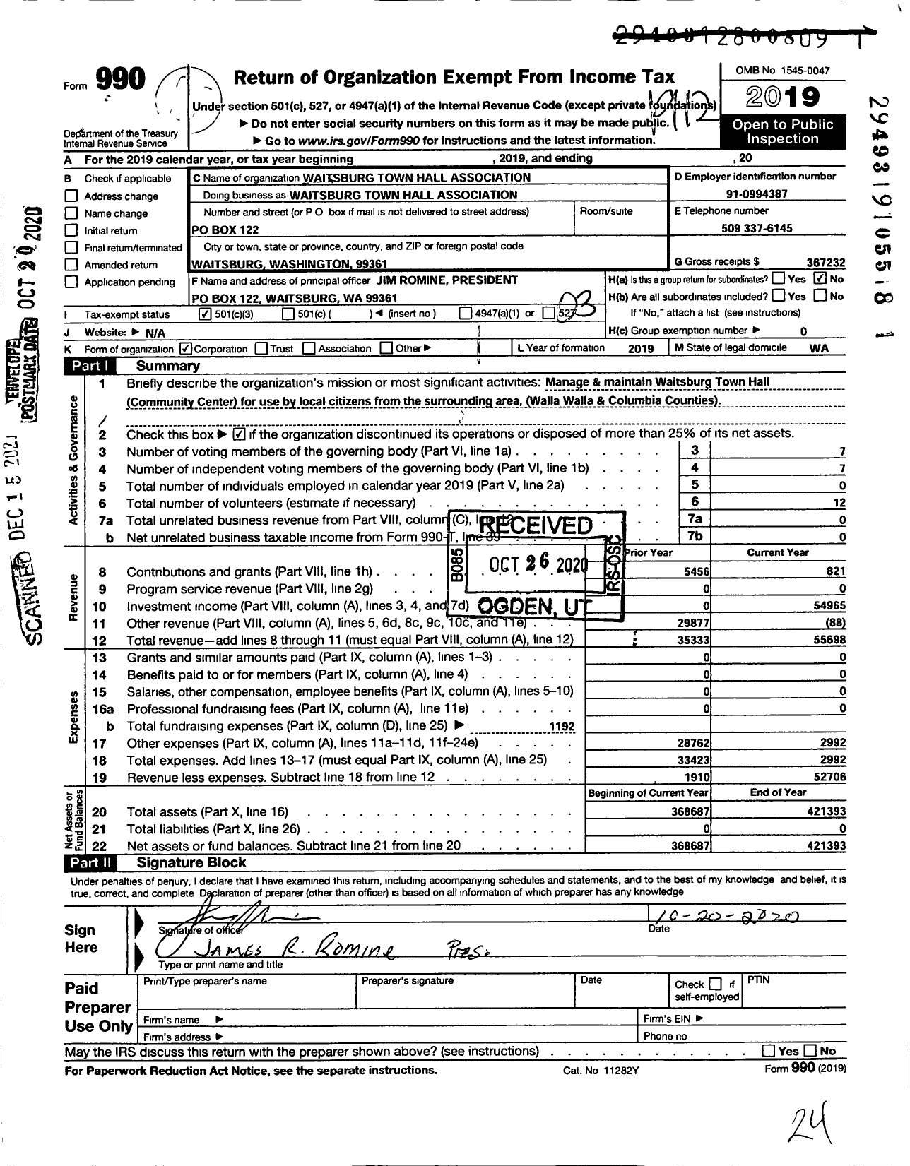 Image of first page of 2019 Form 990 for Waitsburg Town Hall Association